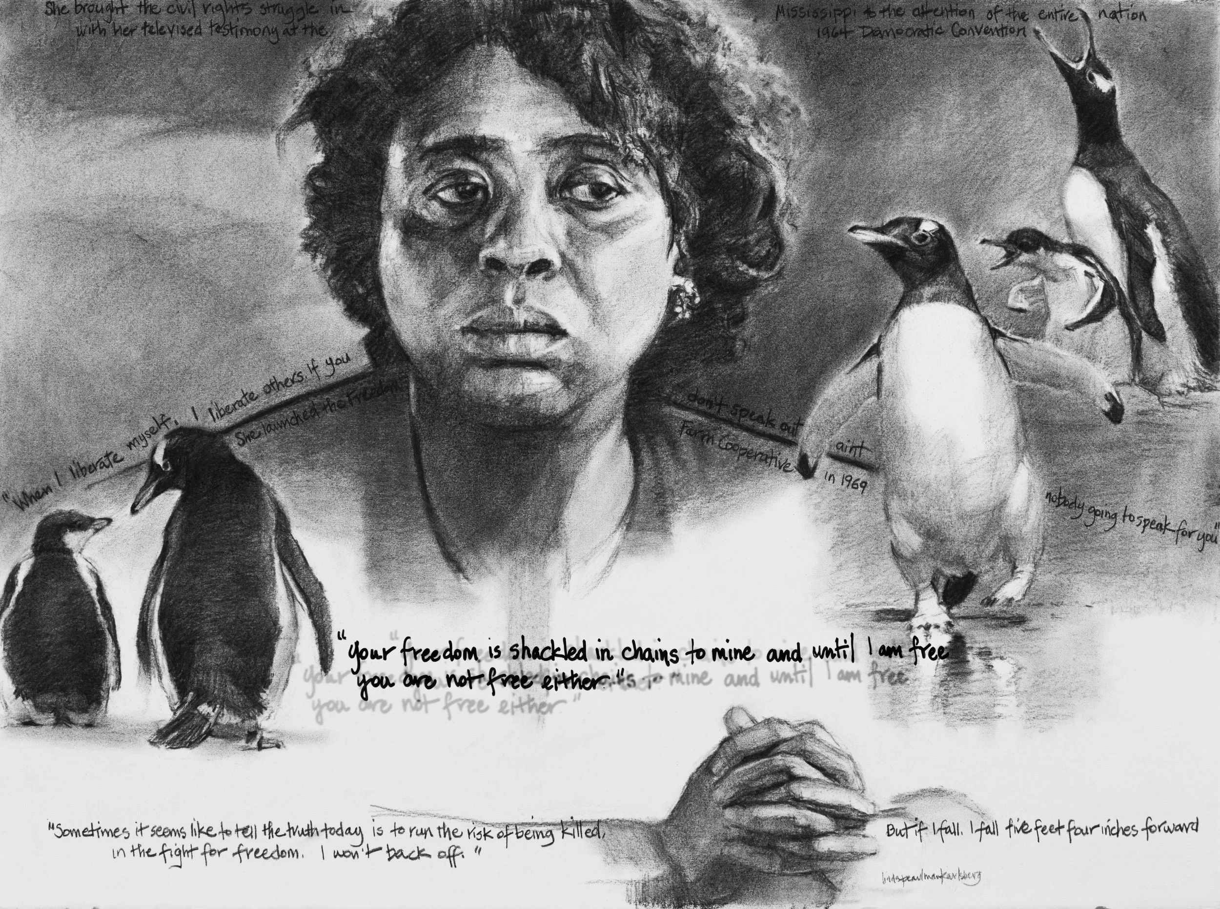 She Spoke Up XIII, Fannie Lou Hamer, charcoal on Arches paper, 22.5" x 30"