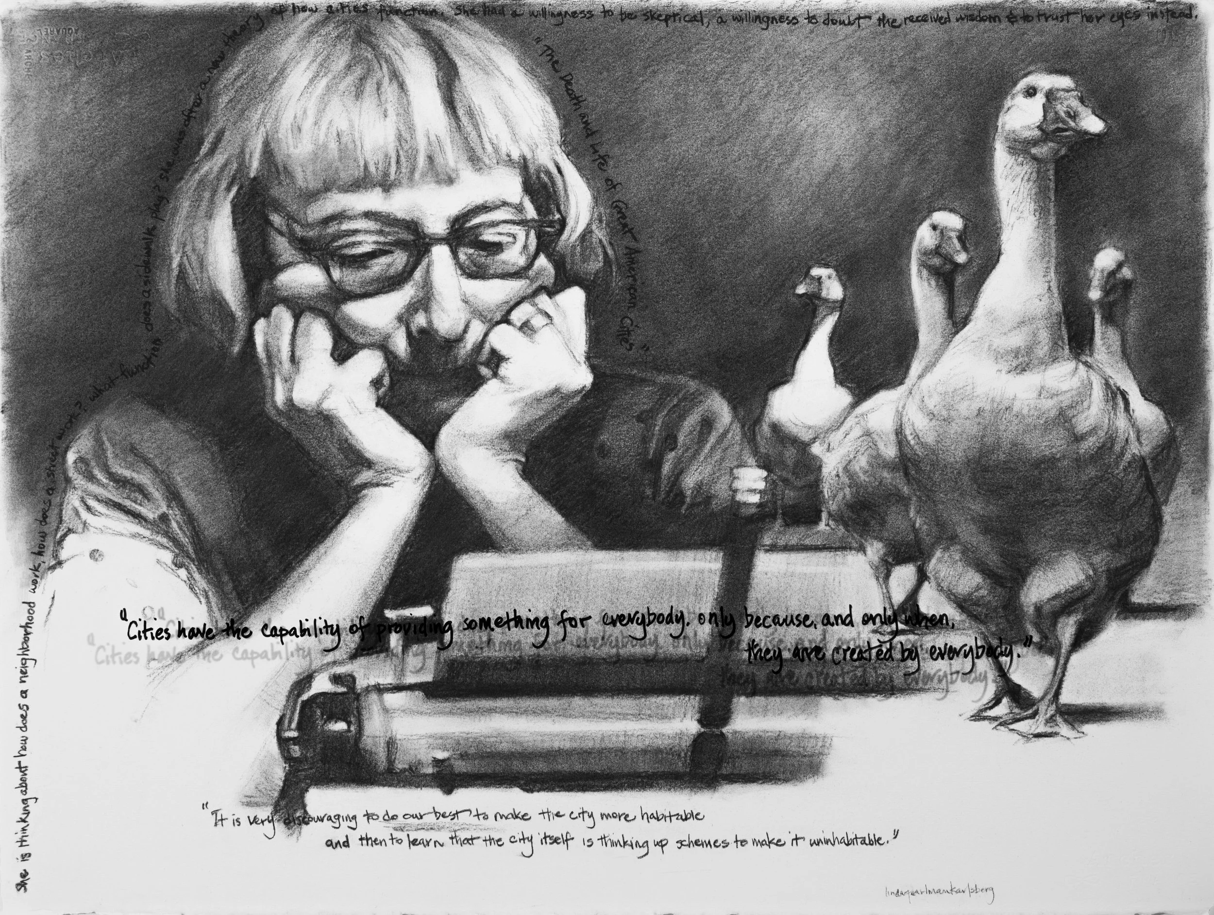 She Spoke Up IX, Jane Jacobs, charcoal on Arches paper, 22.5" x 30"
