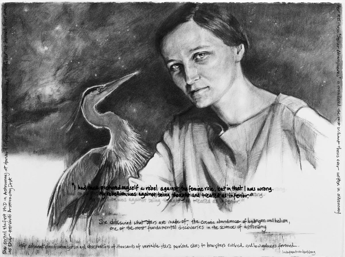She Spoke Up XXIV, Cecilia Payne-Gaposchkin, charcoal on Arches paper, 22.5" x 30"