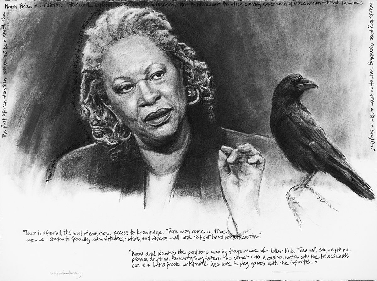 She Spoke Up XXVIII, Toni Morrison, charcoal on Arches paper, 22.5" x 30"