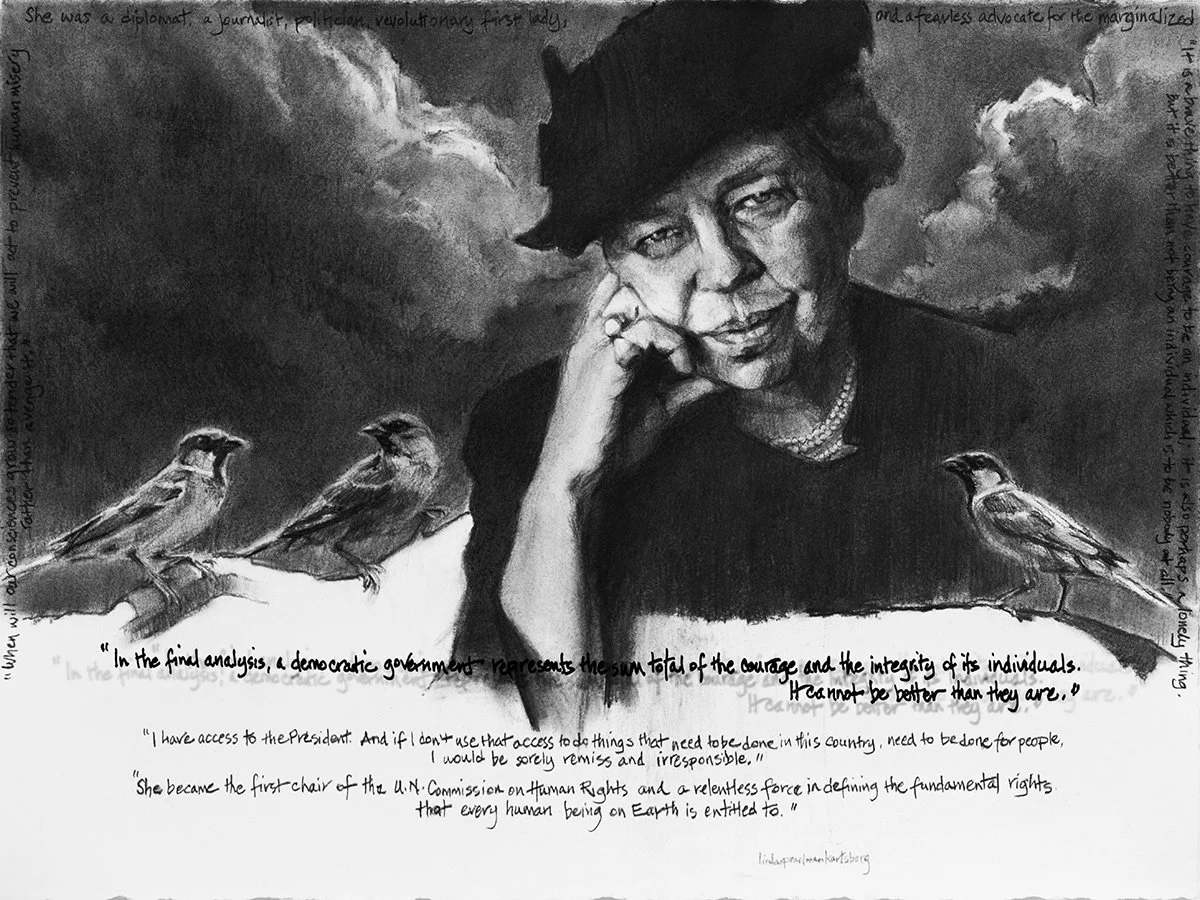 She Spoke Up XXXI, Eleanor Roosevelt, charcoal on Arches paper, 22.5" x 30"