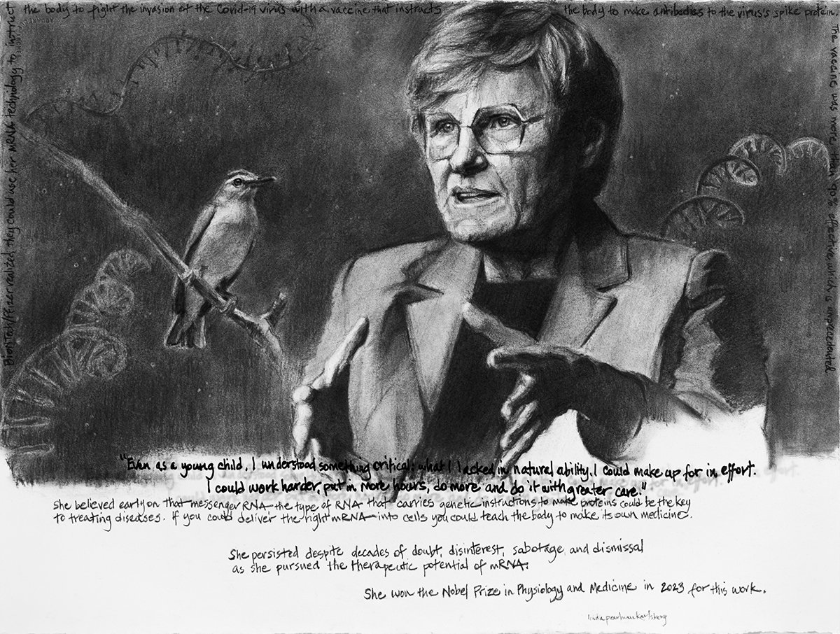 She Spoke Up XXX, Katalin Kariko, charcoal on Arches paper, 22.5" x 30"