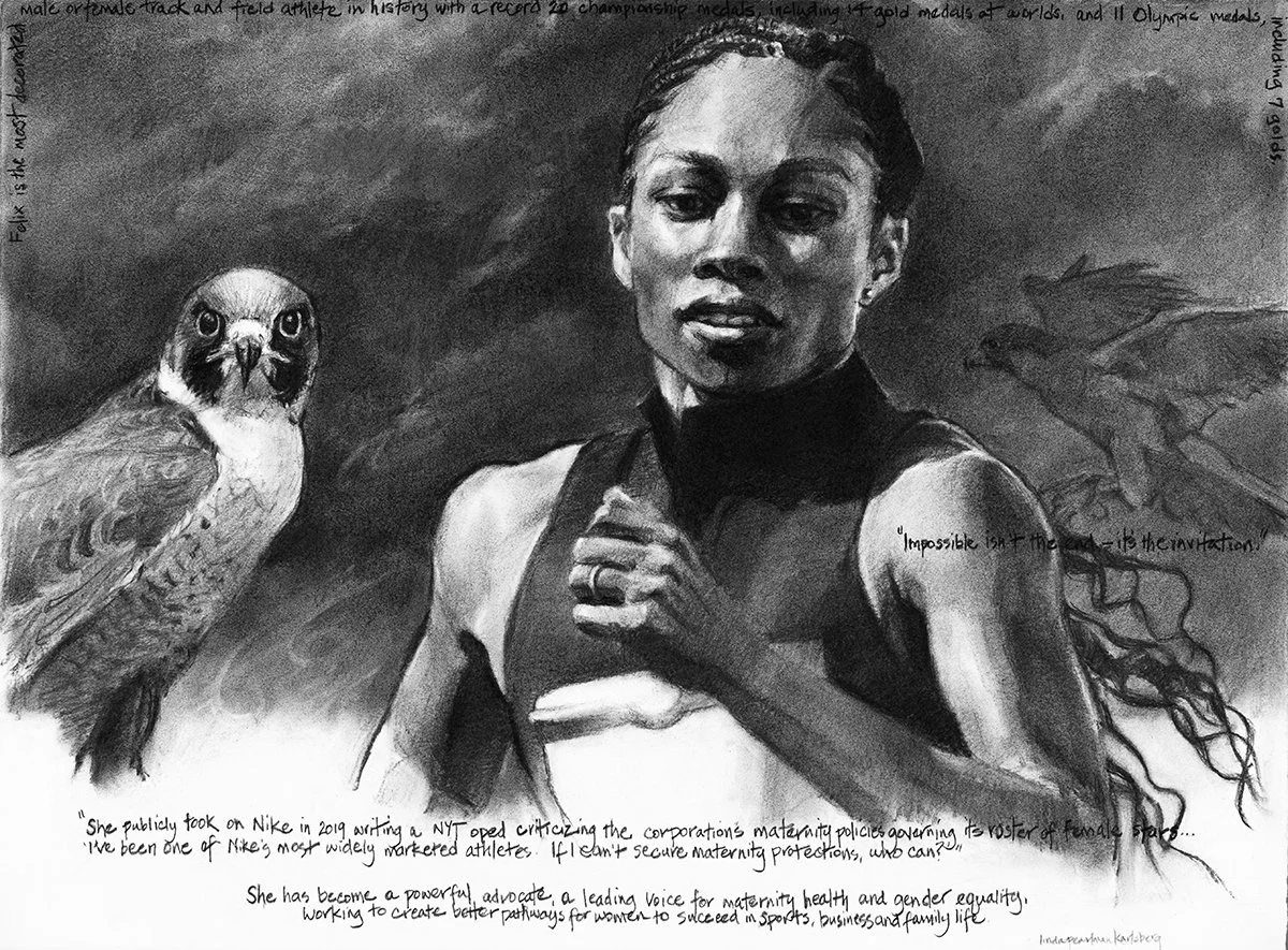 She Spoke Up XXVII, Allyson Felix, charcoal on Arches paper, 22.5" x 30"