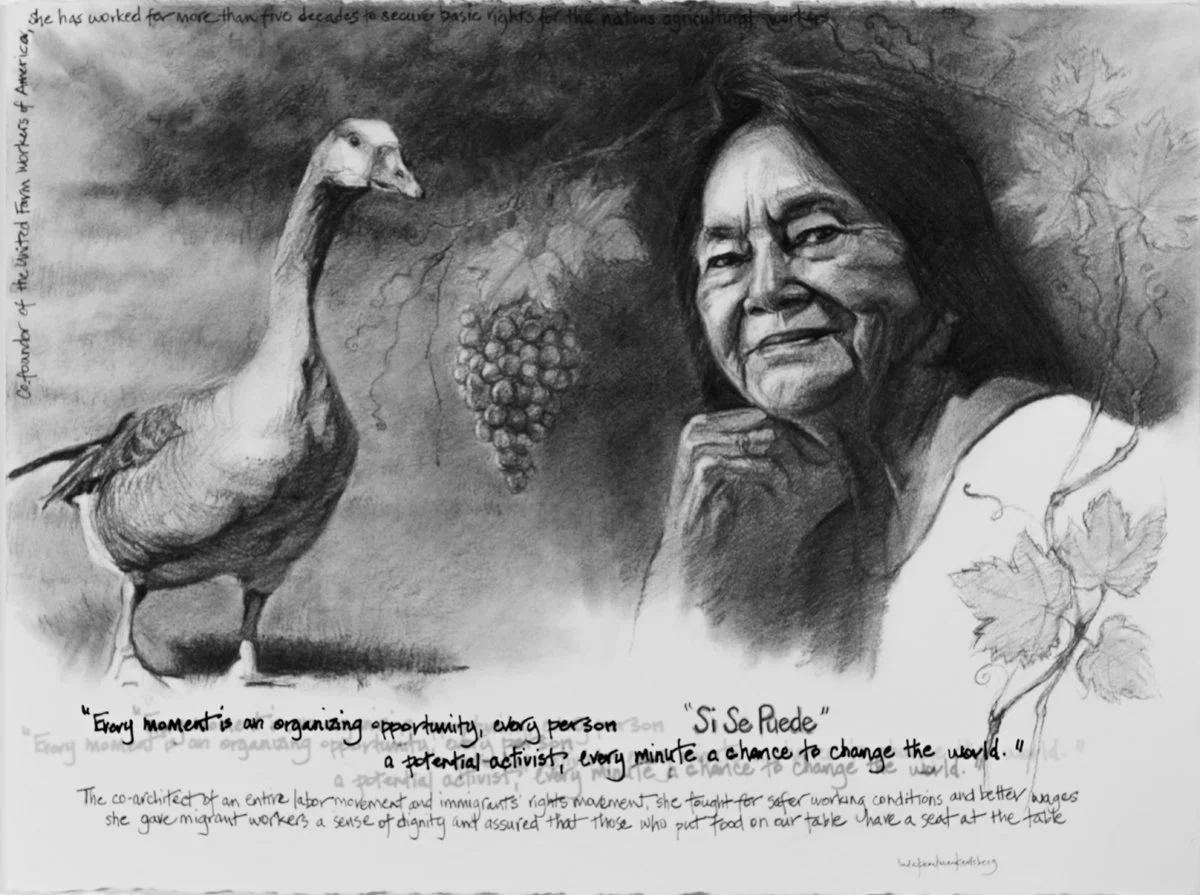 She Spoke Up XIX, Dolores Huerta, charcoal Arches on paper, 22.5" x 30"