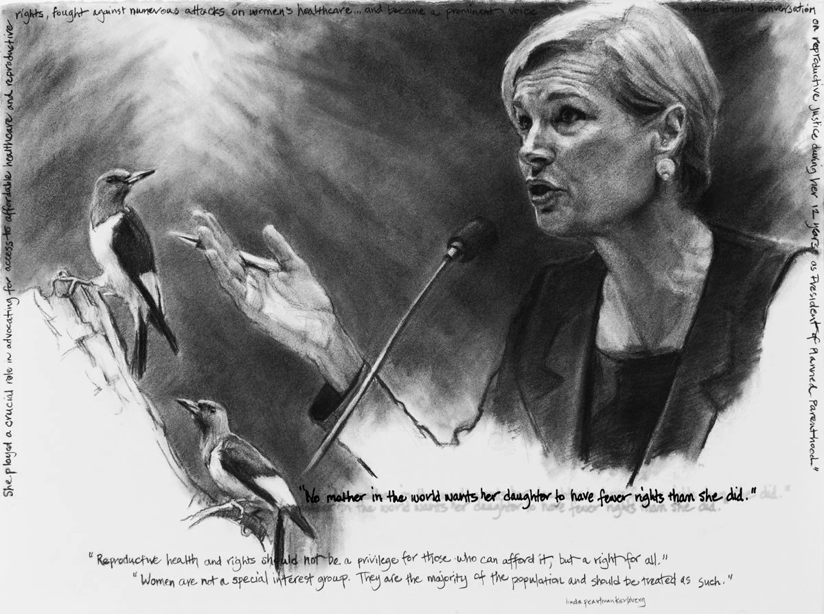 She Spoke Up XXV, Cecile Richards, charcoal on Arches paper, 22.5" x 30"
