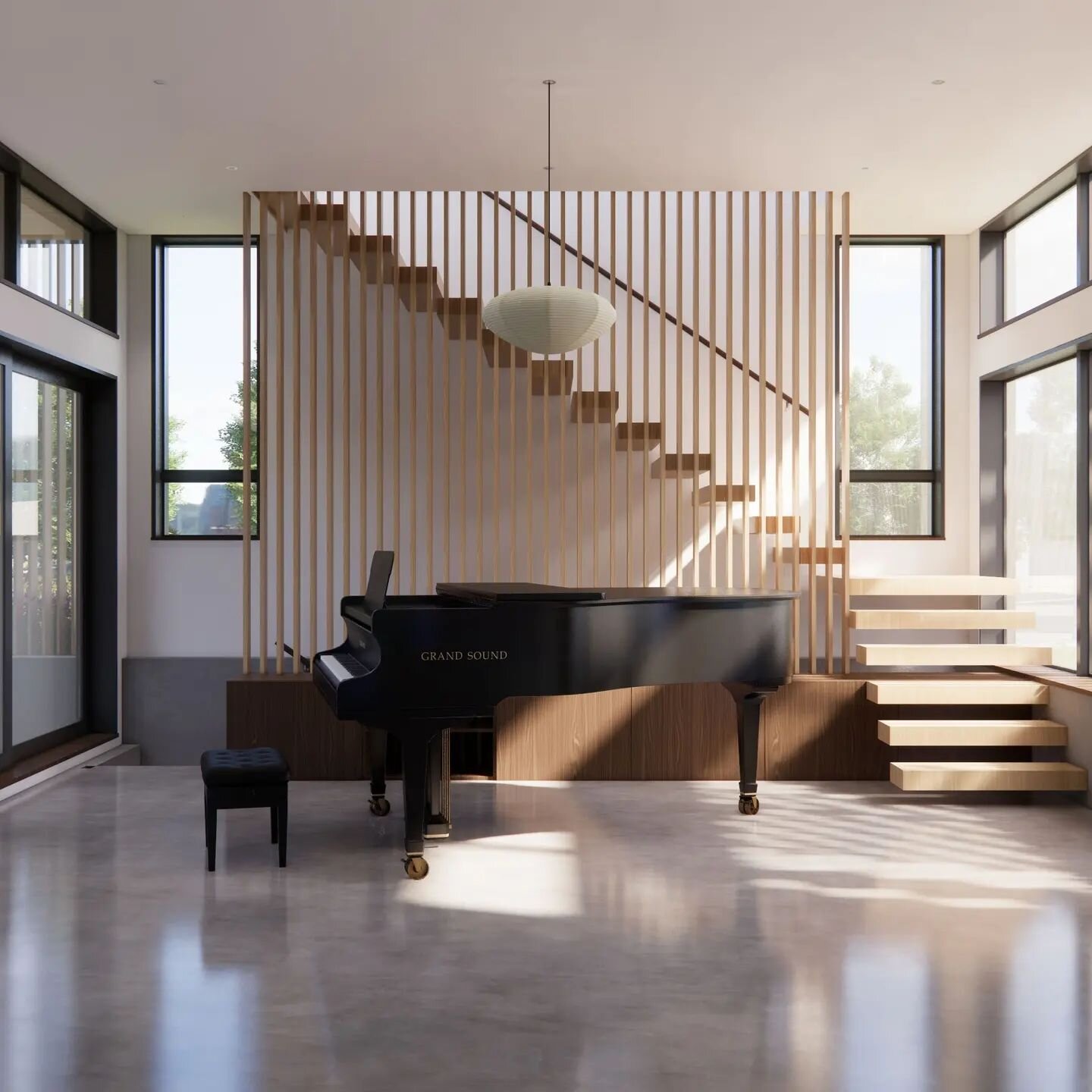 Easy listening on the horizon at the Firehouse Residence Addition⁠
+⁠
+⁠
#piano #musicroom #rendering #wood #stairs #architecture #denvermodern #denver #remodel #addition #sequencing #exposedconcrete #polished concrete