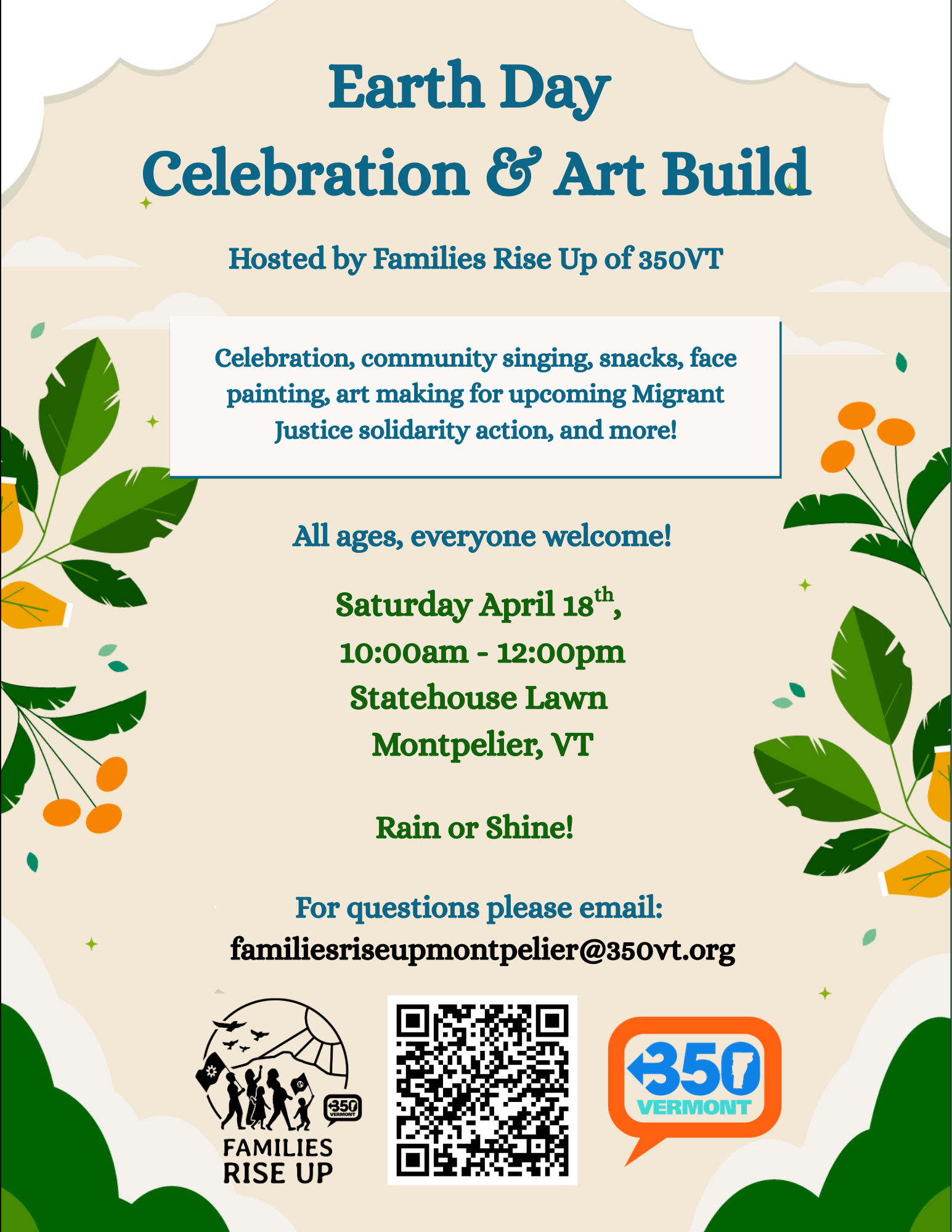 Flyer for Families Rise Up's Earth Day Celebration & Art Build