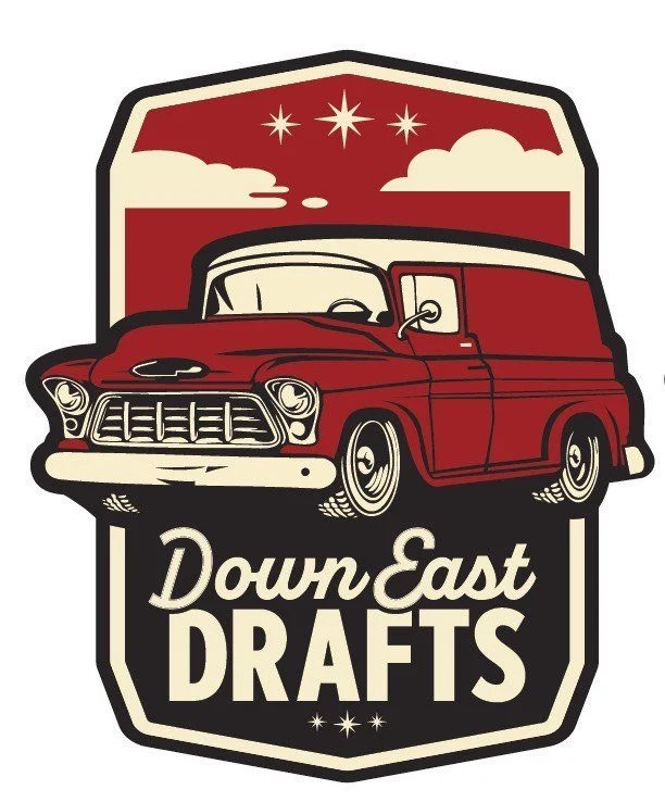 Vintage red panel Chevrolet mobile bar illustration with a background of clouds and stars, and the text 'Down East DRAFTS' below.