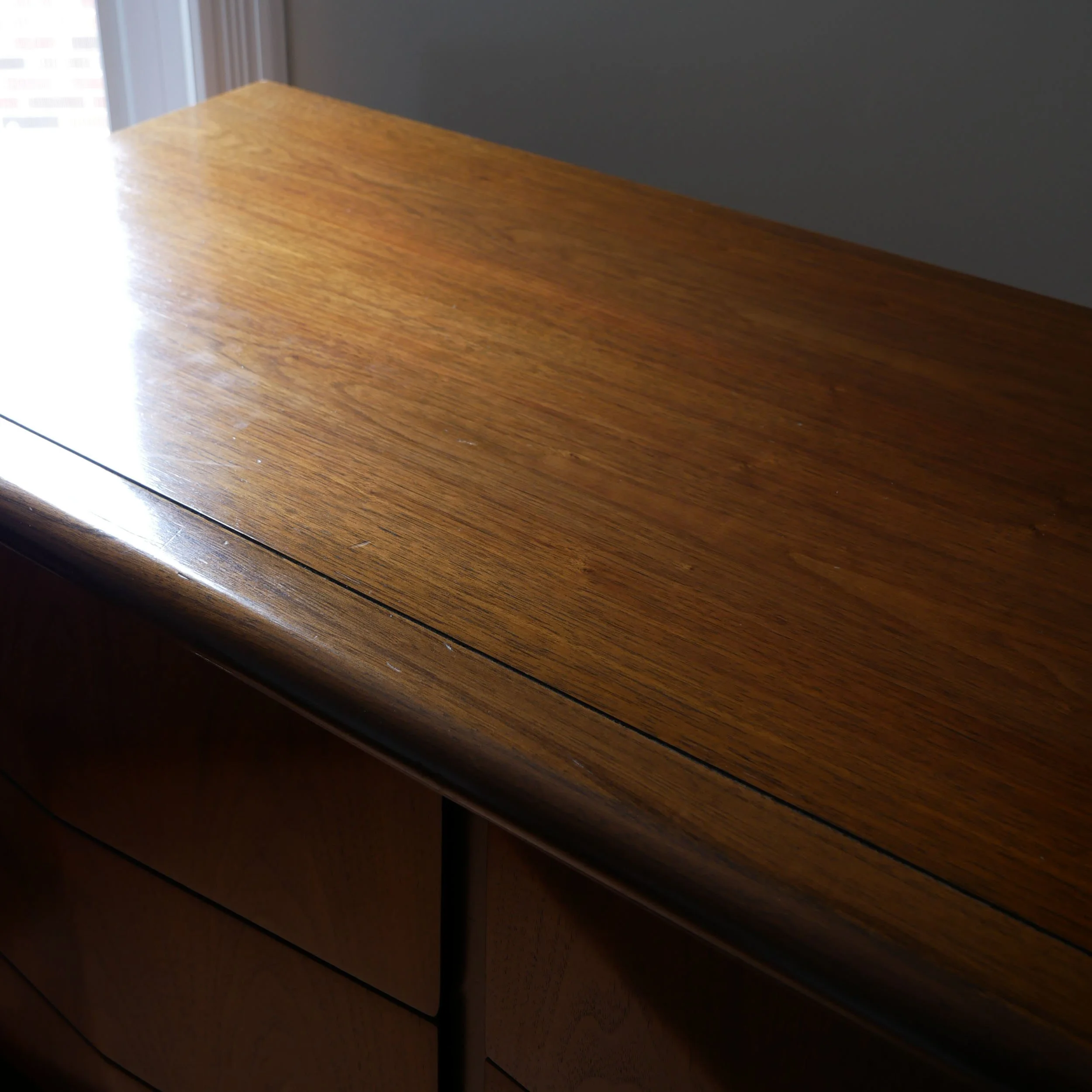 Vintage Scandinavian-inspired walnut tallboy dresser with diamond pattern drawers, high-quality refinished furniture Toronto