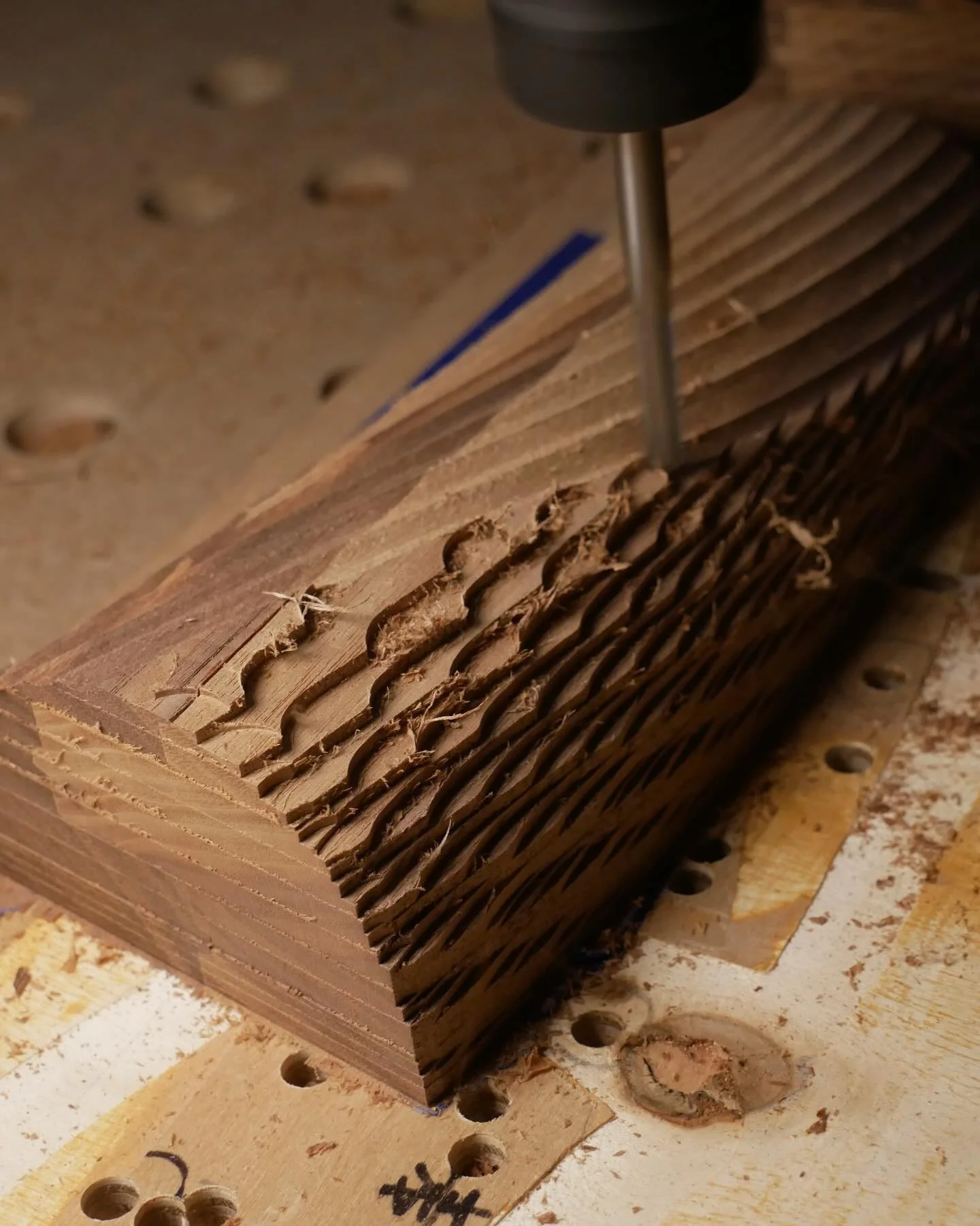 A peek into the dusty chaos that somehow led to the making of The Leftovers Collection.

Pic 1 &ndash; Machining the pasta grooves after the initial roughing pass. Yes, taking this photo sent sawdust flying everywhere.

Pic 2 &ndash; Pasta in a sidew