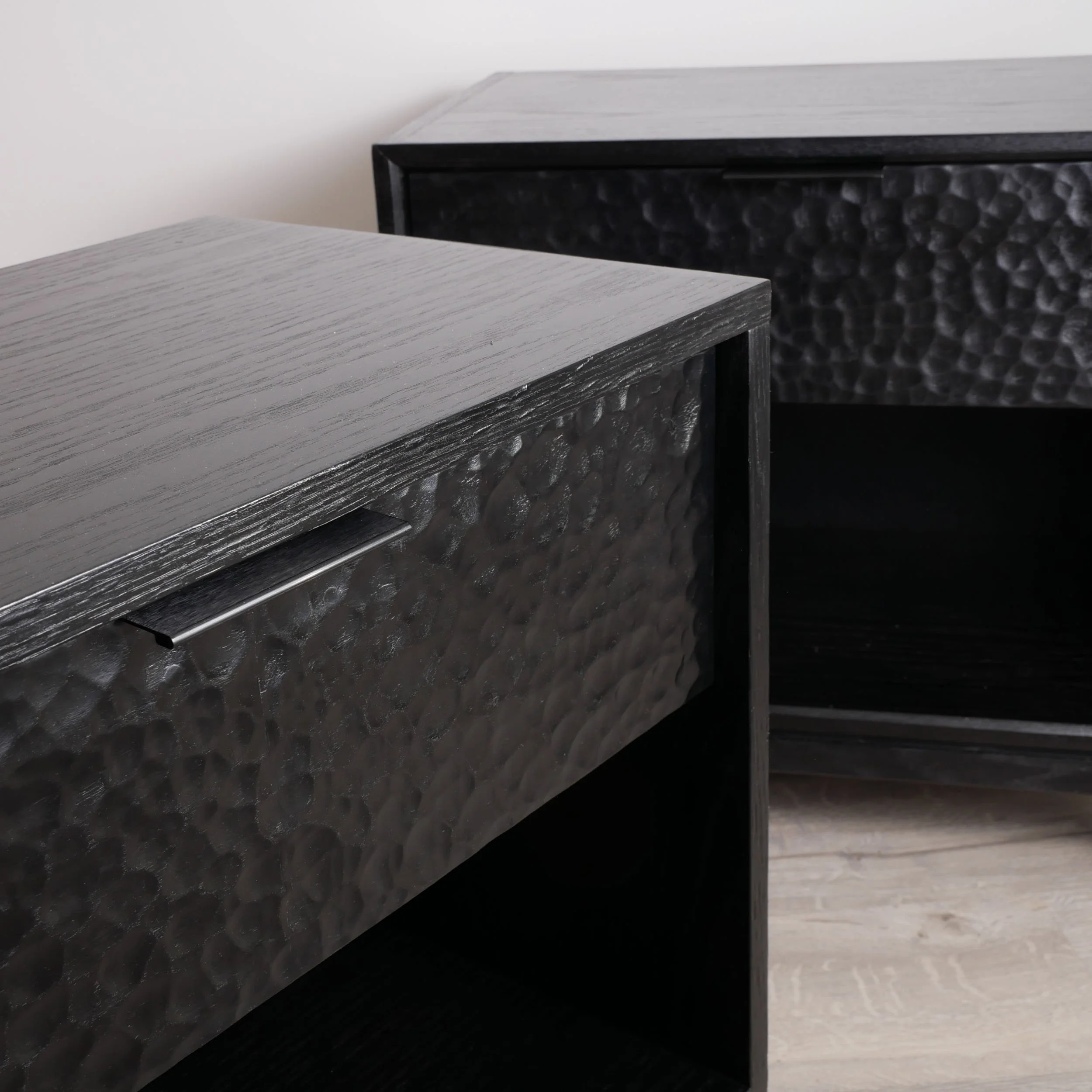 Solid oak black nightstand with Naguri-style carved texture, high-quality handcrafted furniture Toronto