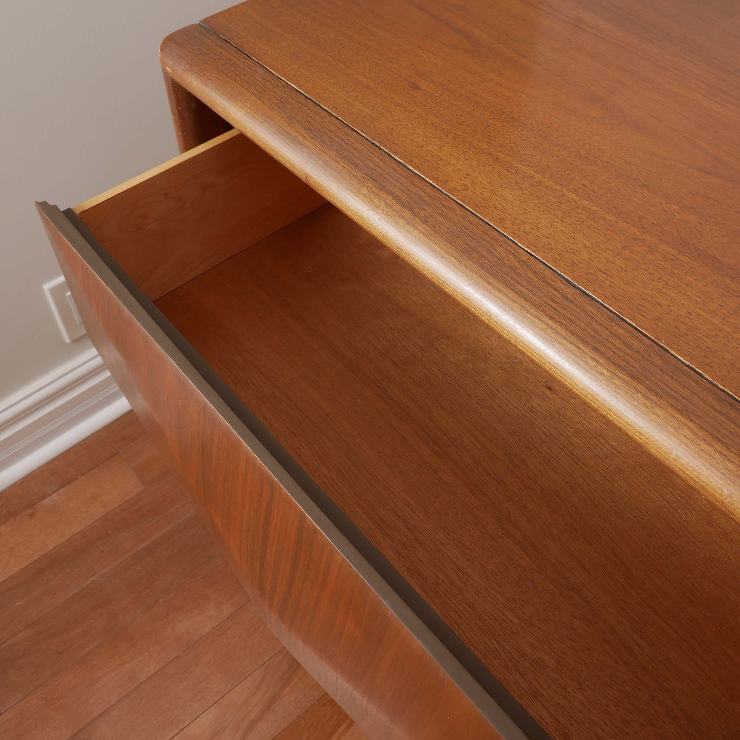 Vintage walnut 9 drawer dresser with carved diamond pattern, mid century modern furniture handcrafted in Toronto