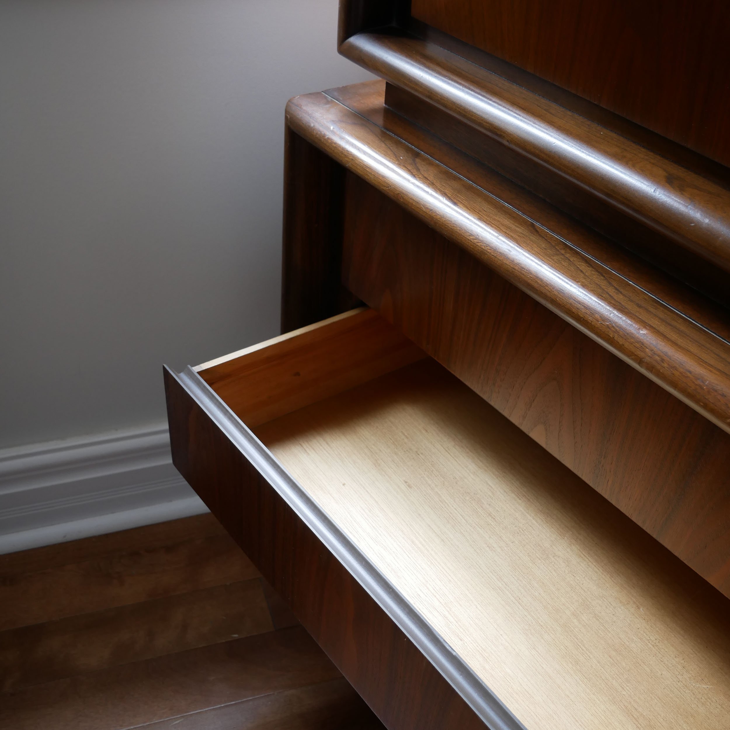 Mid century modern walnut tallboy with geometric drawer fronts, locally restored vintage furniture Toronto, luxury bedroom storage