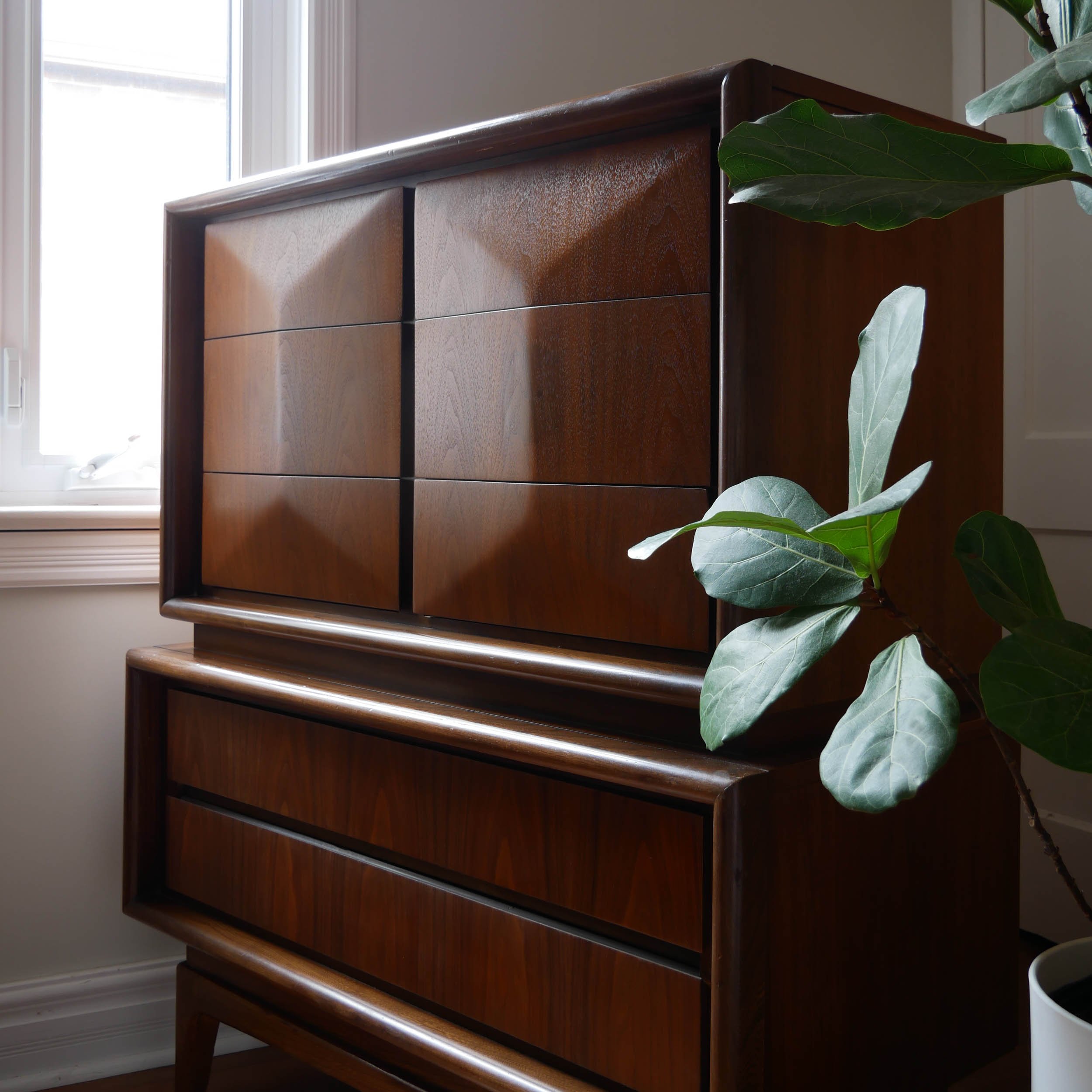 Refinished MCM walnut highboy dresser with geometric diamond drawer fronts, locally restored Toronto furniture, luxury vintage piece