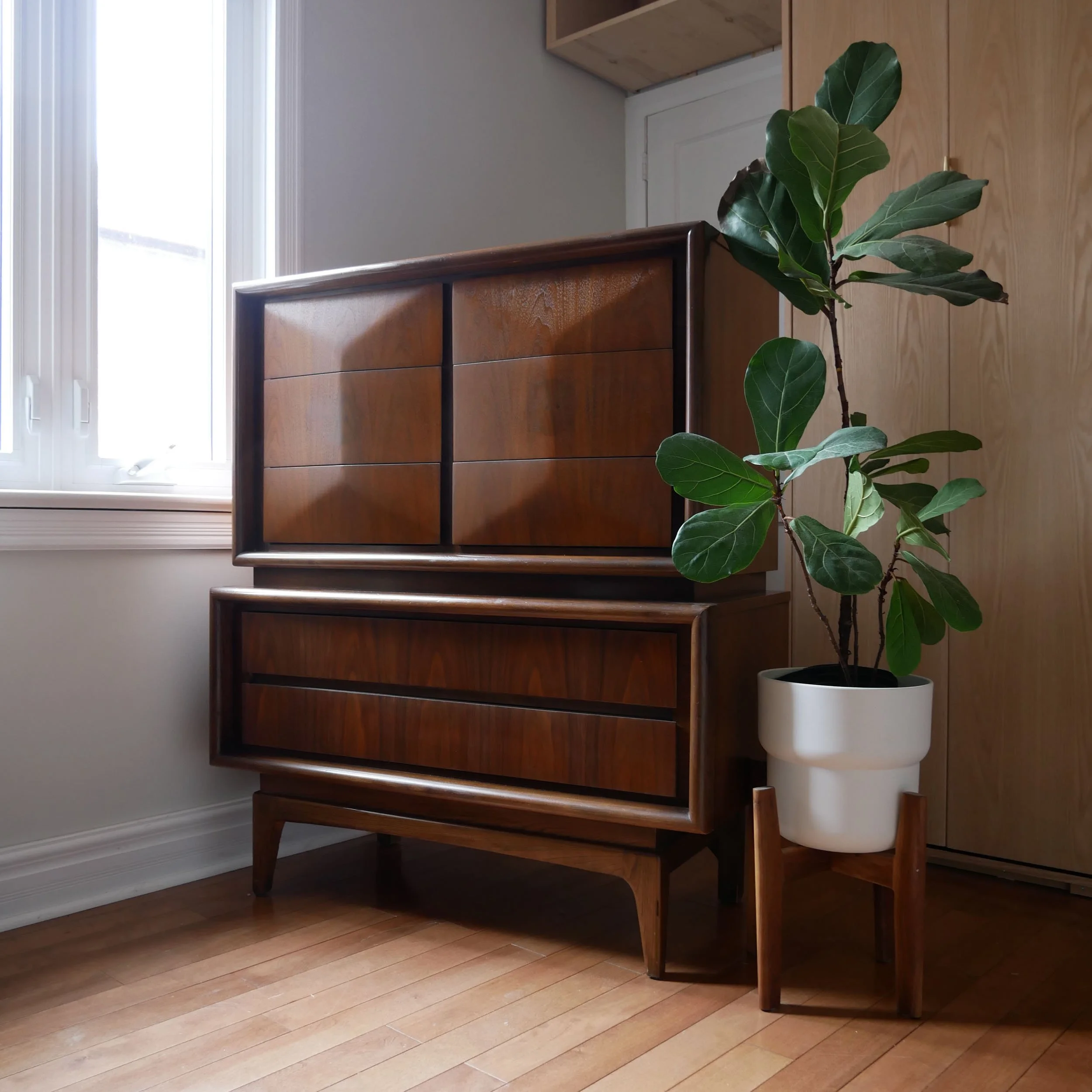 Mid century modern walnut tallboy dresser with sculpted diamond front drawers, refinished in Toronto, high-end vintage storage furniture