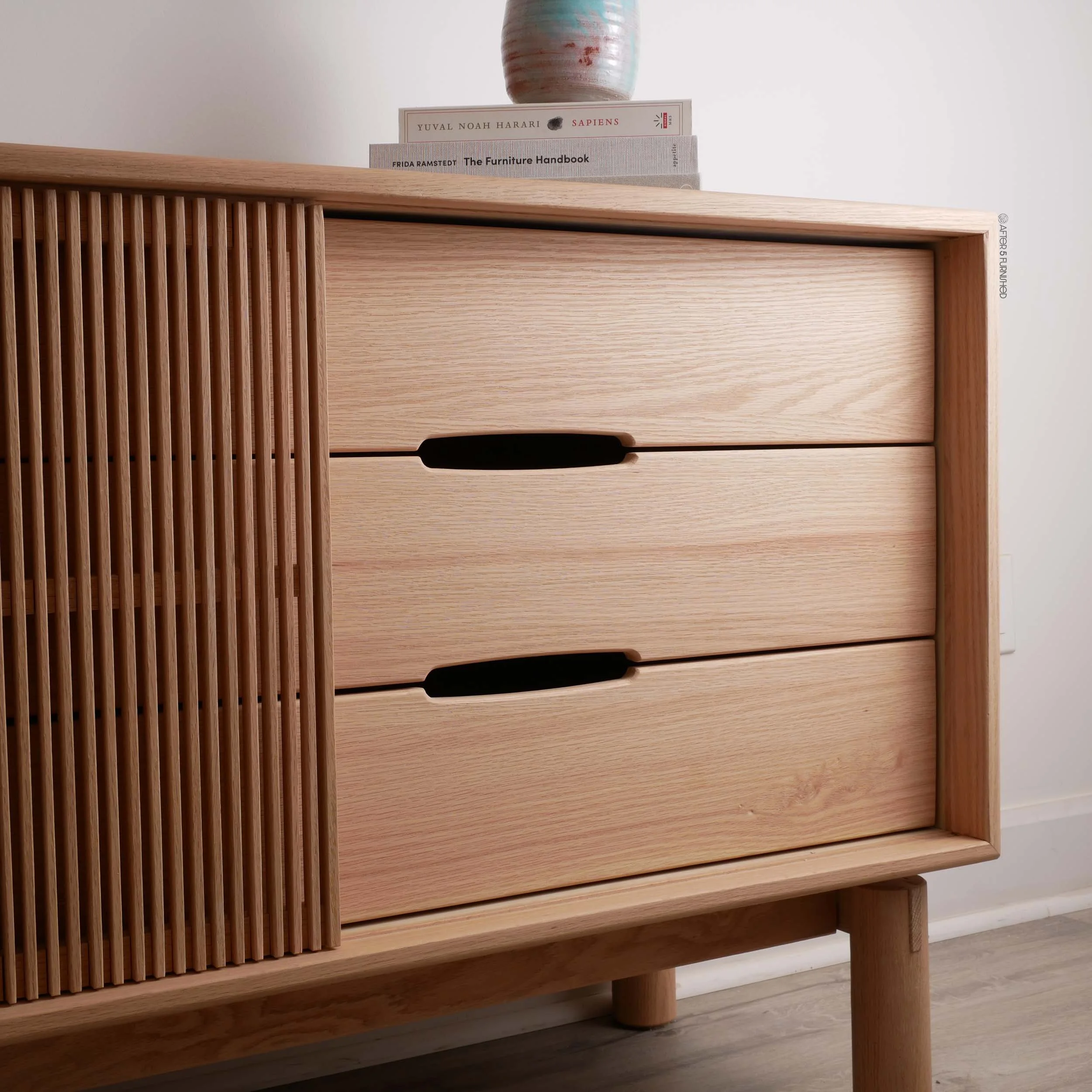 Minimalist oak sideboard with slatted sliding doors and soft-close drawers, locally made Toronto furniture, Scandinavian-inspired design