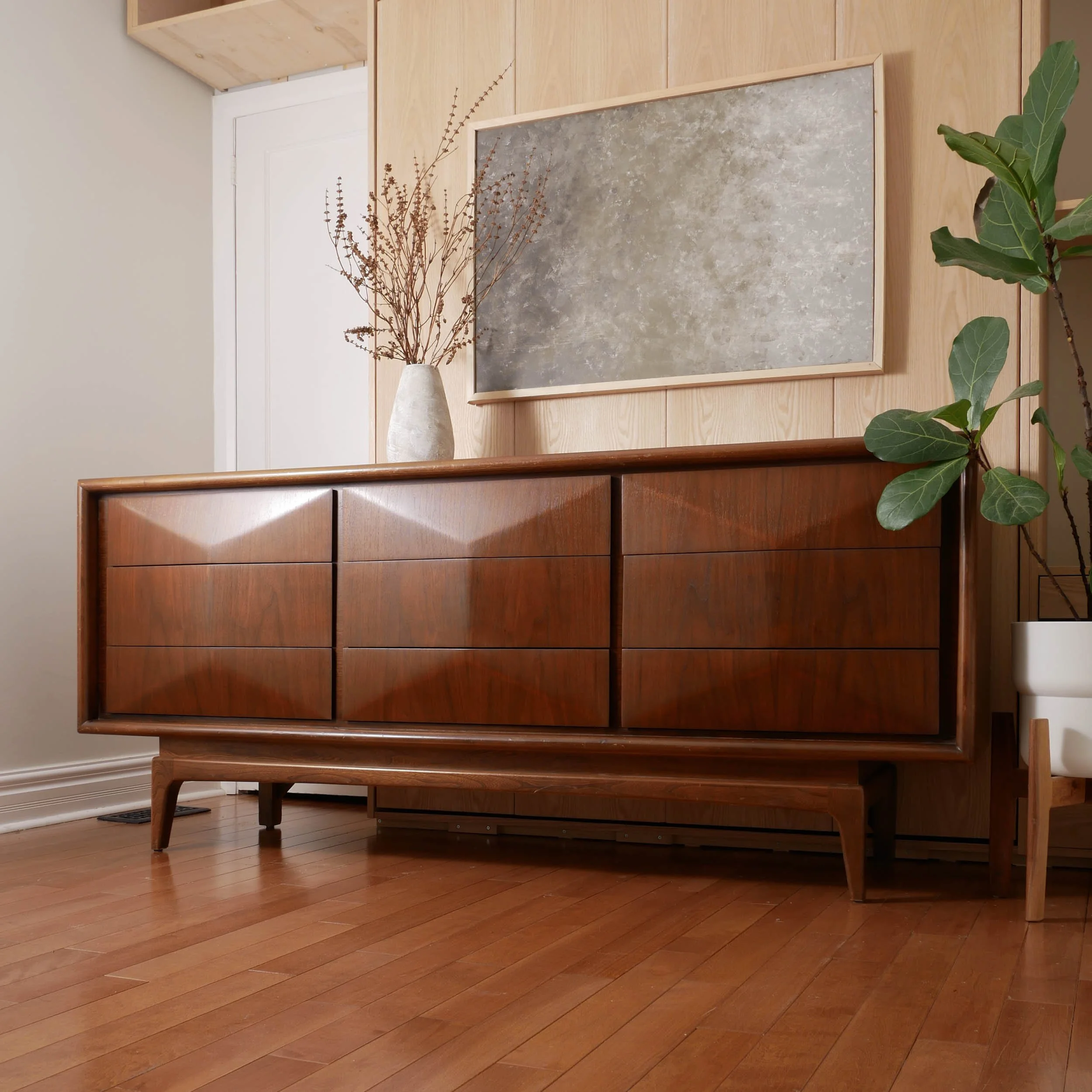 Mid century walnut dresser with sculpted geometric front, luxury 9 drawer storage cabinet handcrafted in Toronto