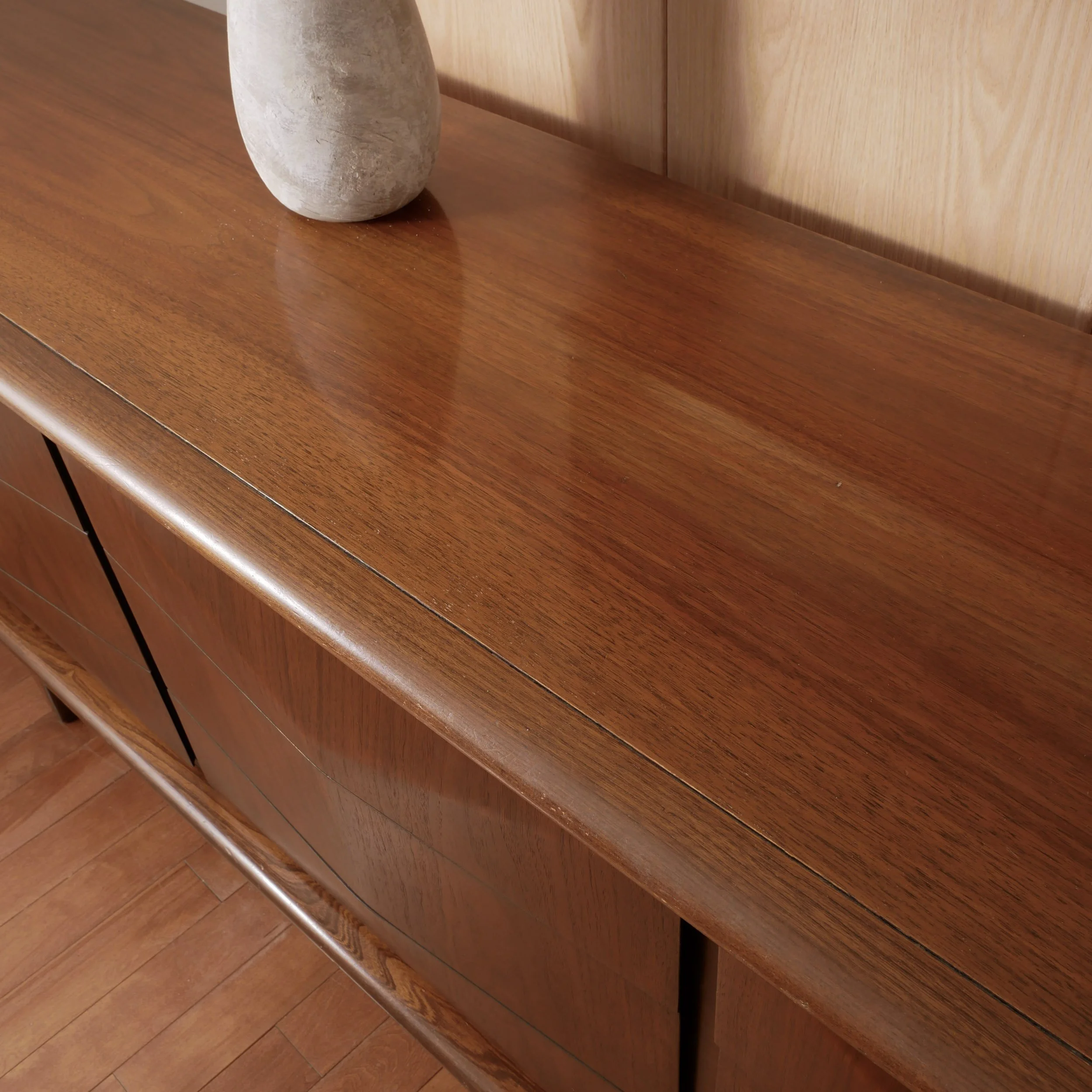 Solid wood and walnut veneer diamond front dresser handcrafted mid century storage piece