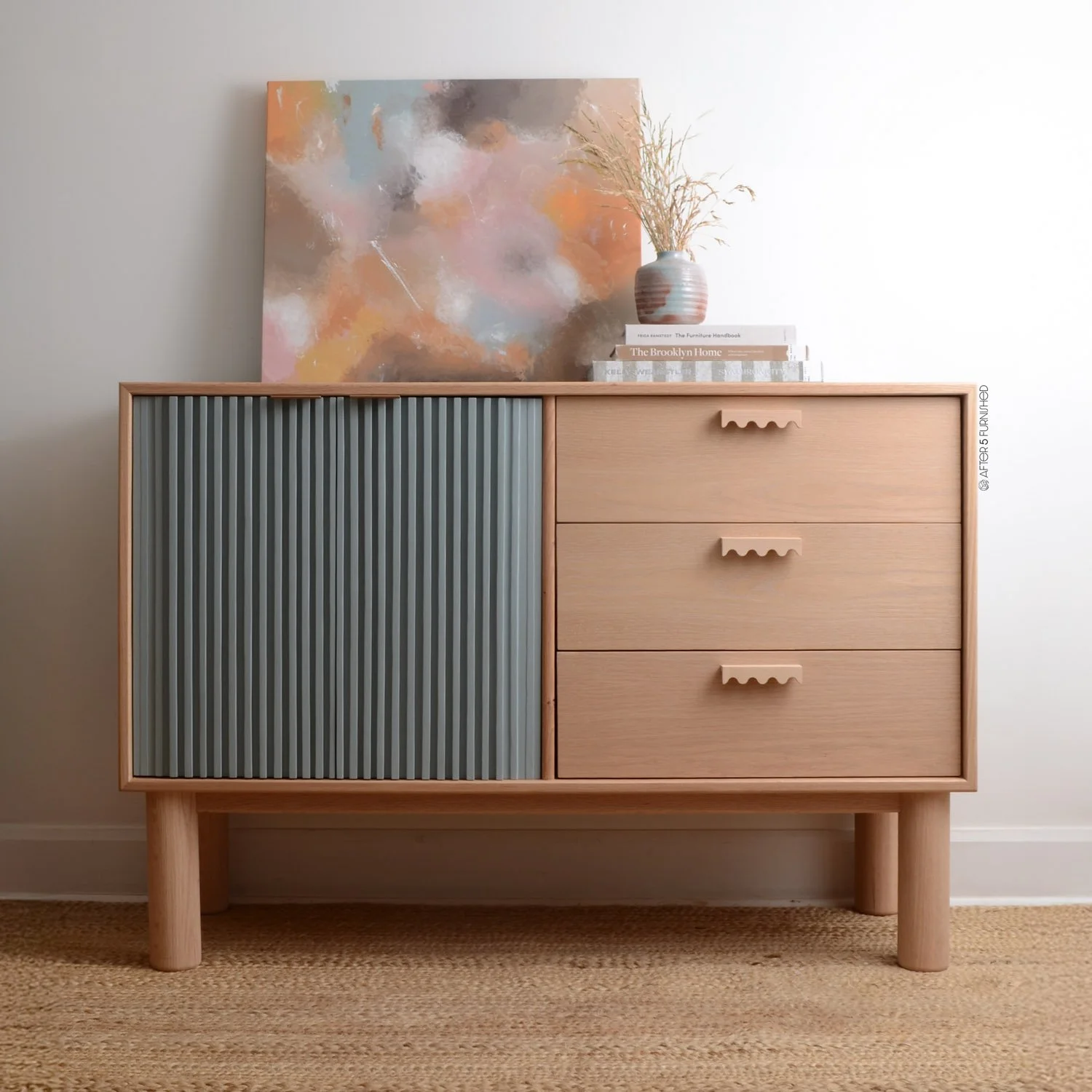 Blue slatted oak nursery dresser with light blue painted finish