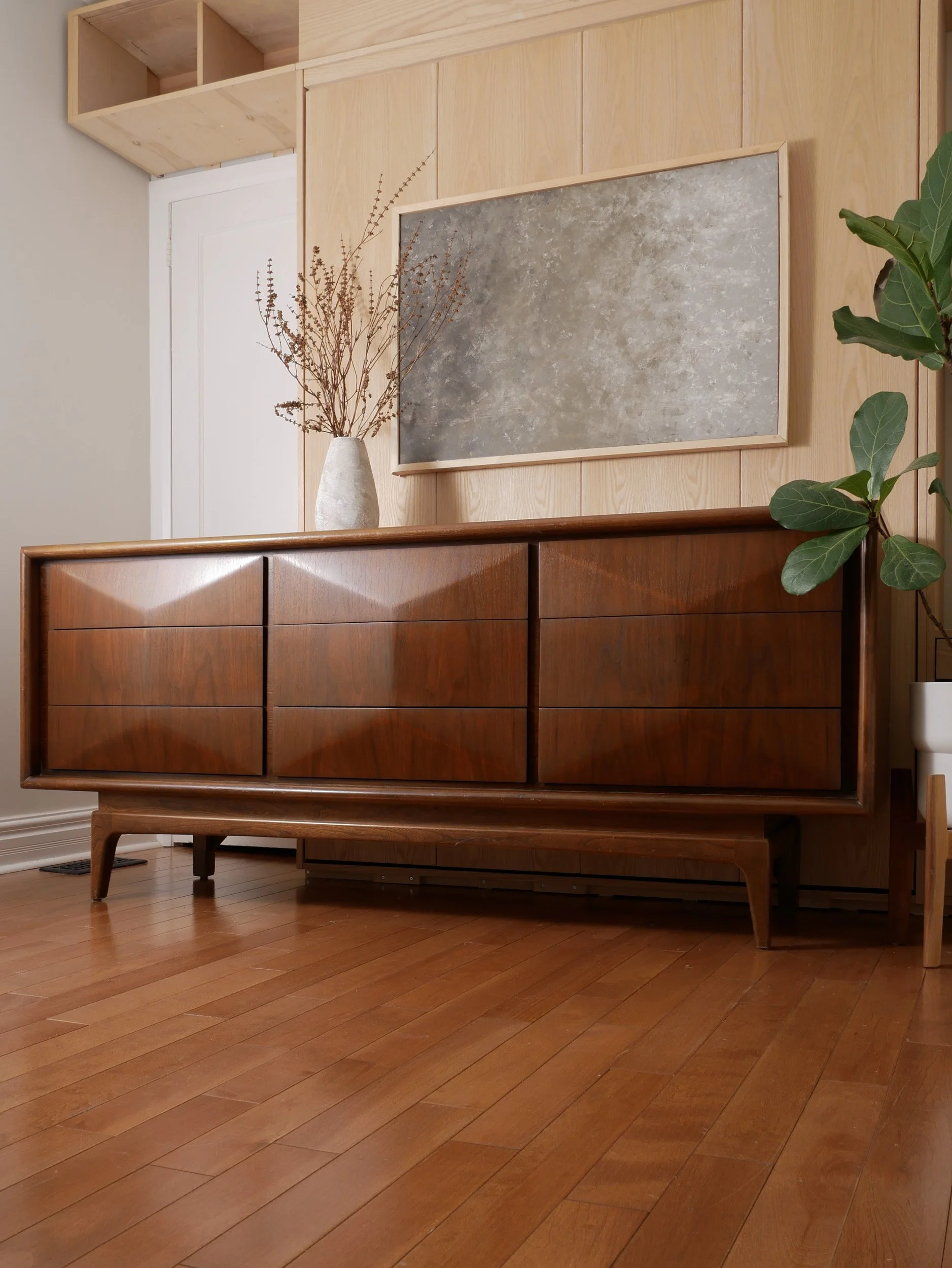 Vintage walnut diamond front dresser with nine drawers and Vladimir Kagan inspired design