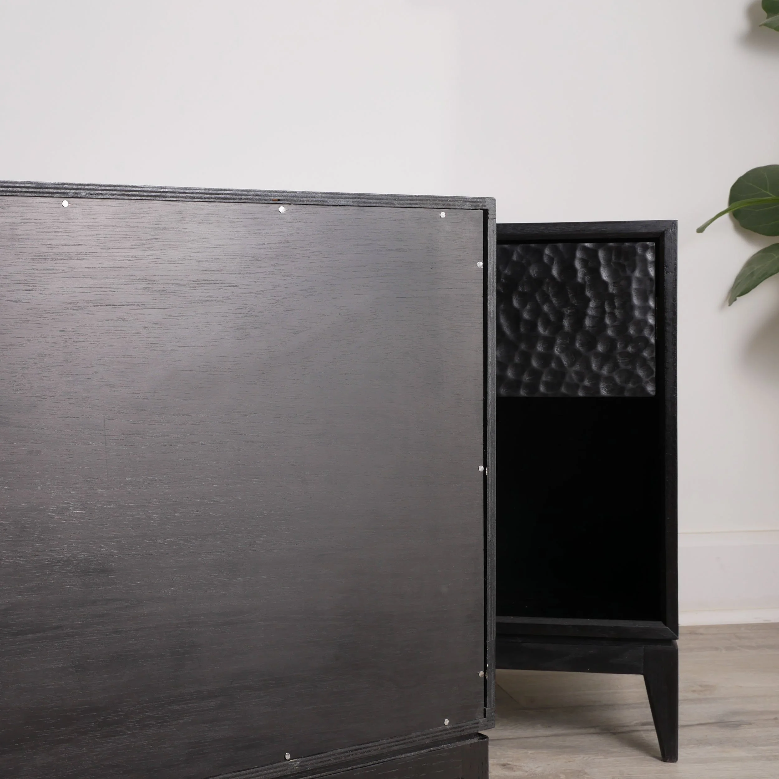 Contemporary black oak nightstand with textured wood drawer and clean lines, locally made minimalist furniture Toronto