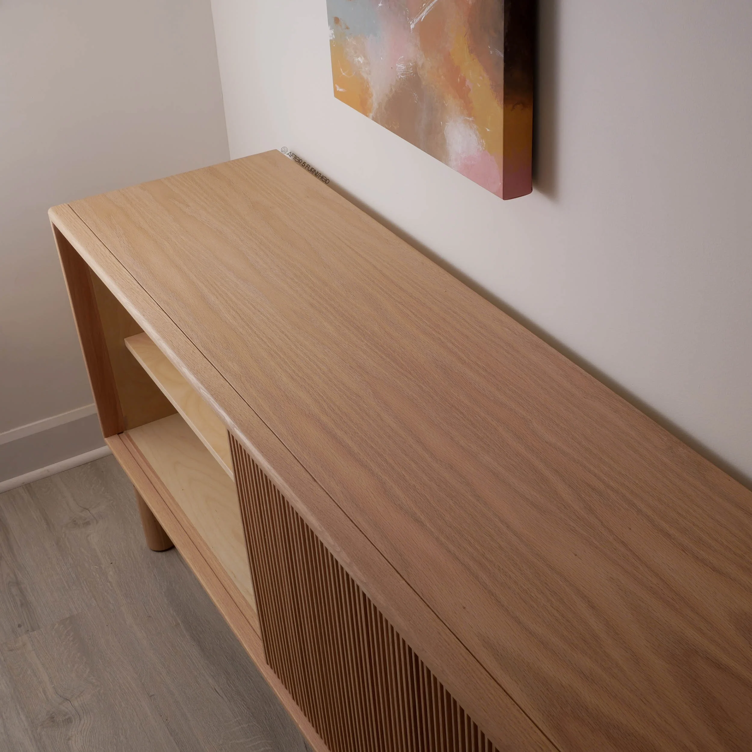 Premium solid wood oak credenza with slatted sliding doors, Toronto-made Scandinavian modern sideboard for upscale interiors