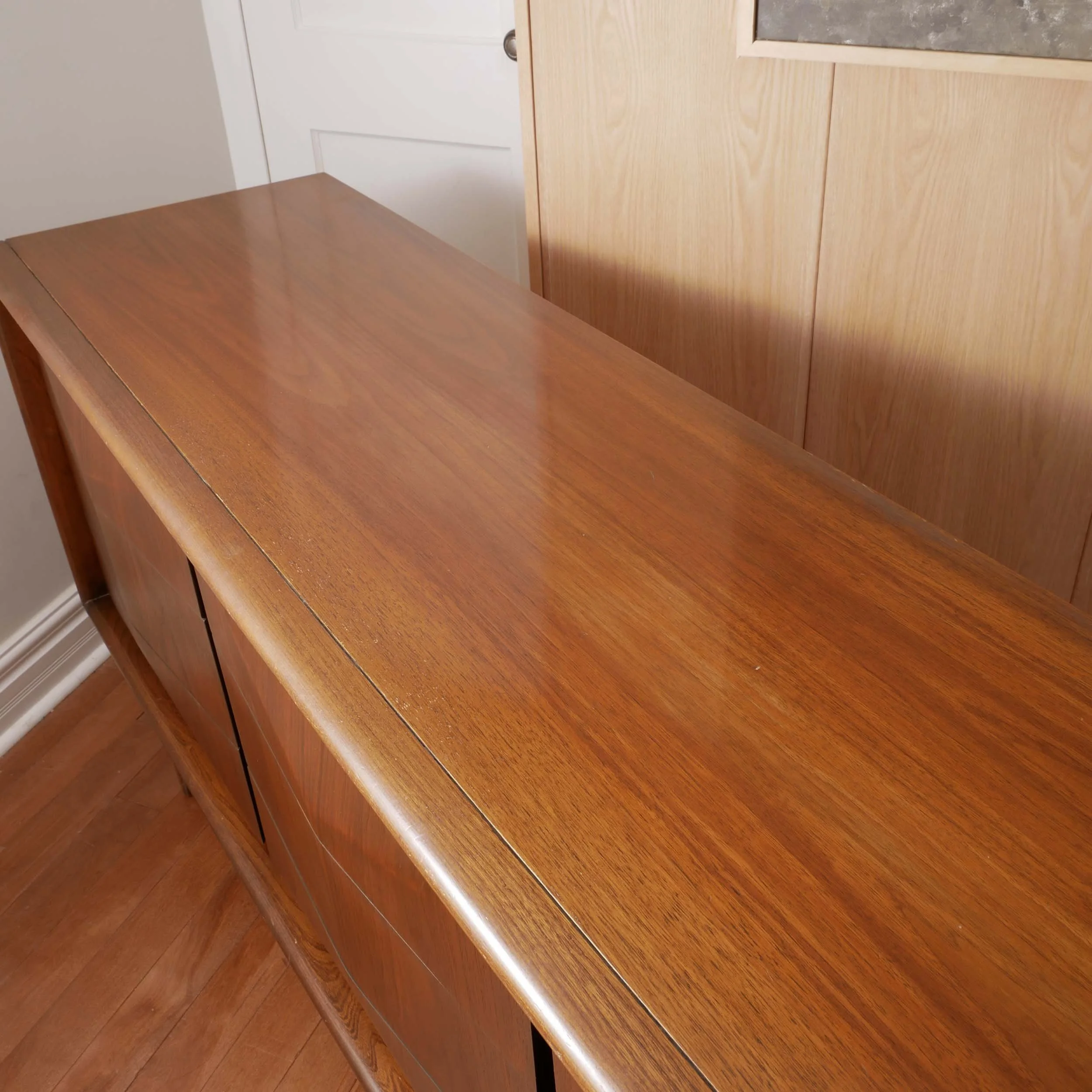 Vintage Scandinavian-inspired walnut lowboy dresser with diamond pattern drawers, high-quality refinished furniture Toronto