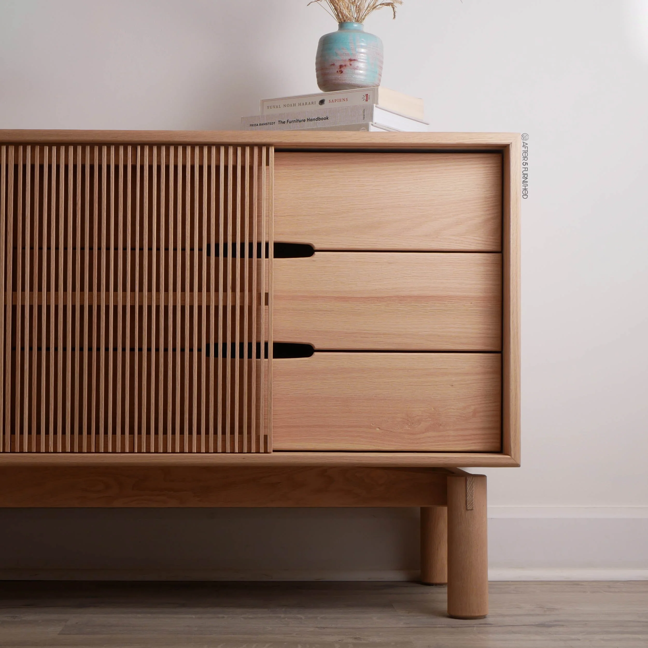Solid oak Scandinavian credenza with sliding slatted doors, handcrafted minimalist furniture in Toronto, modern luxury storage cabinet
