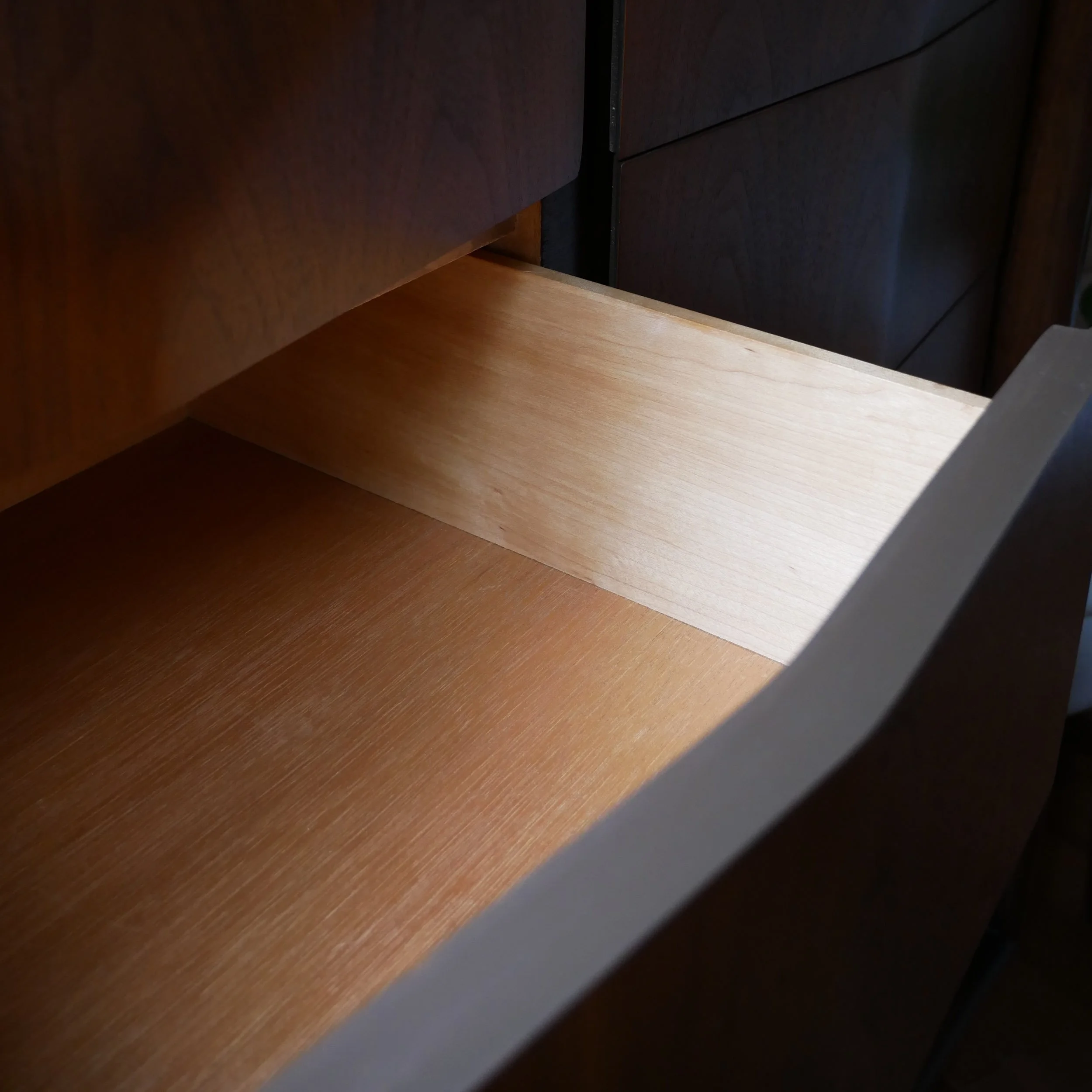 High-end mid century walnut dresser with sculptural diamond front detail, refinished Toronto furniture for modern interiors