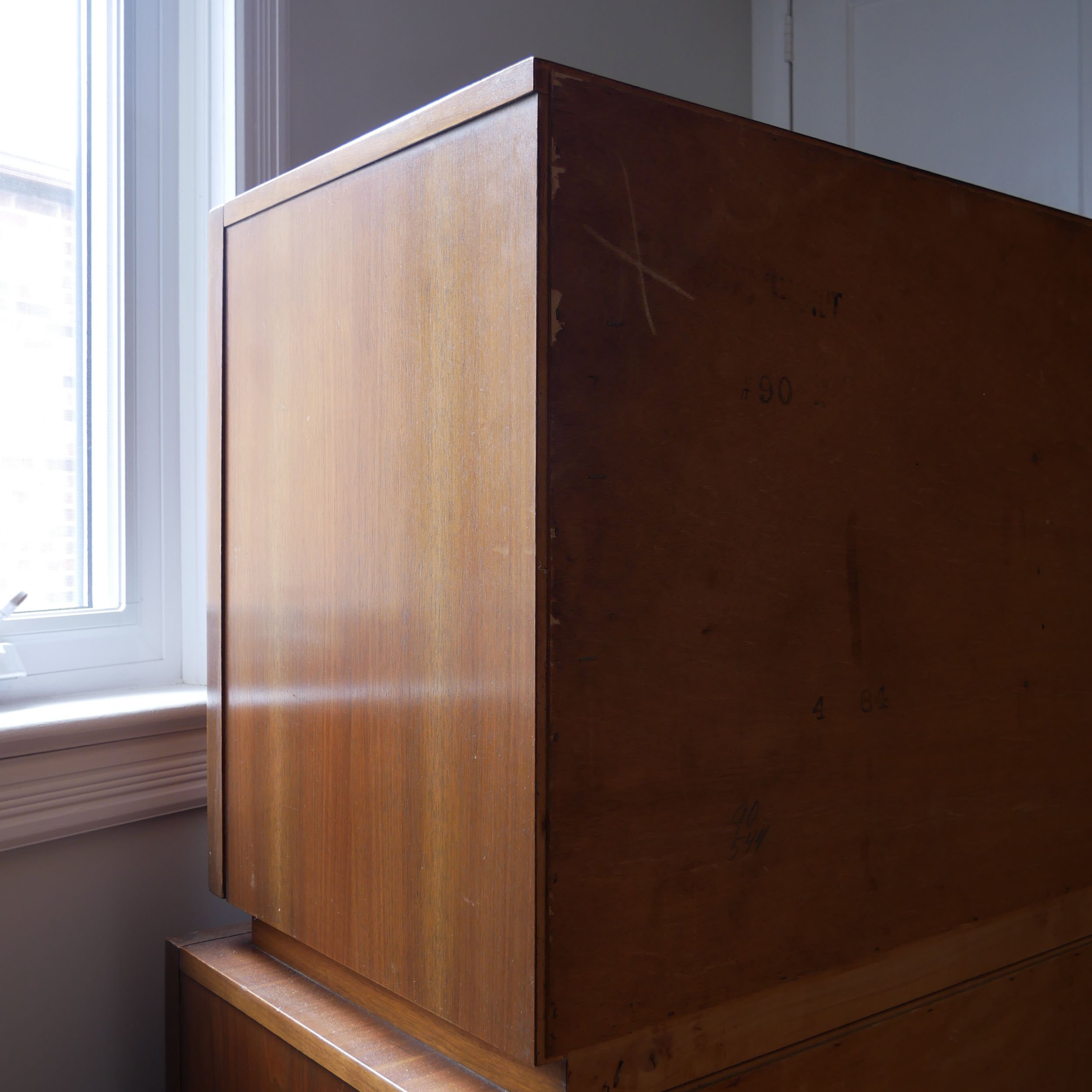 Solid walnut MCM highboy dresser with diamond carved drawer fronts, sustainable refinished furniture made in Toronto