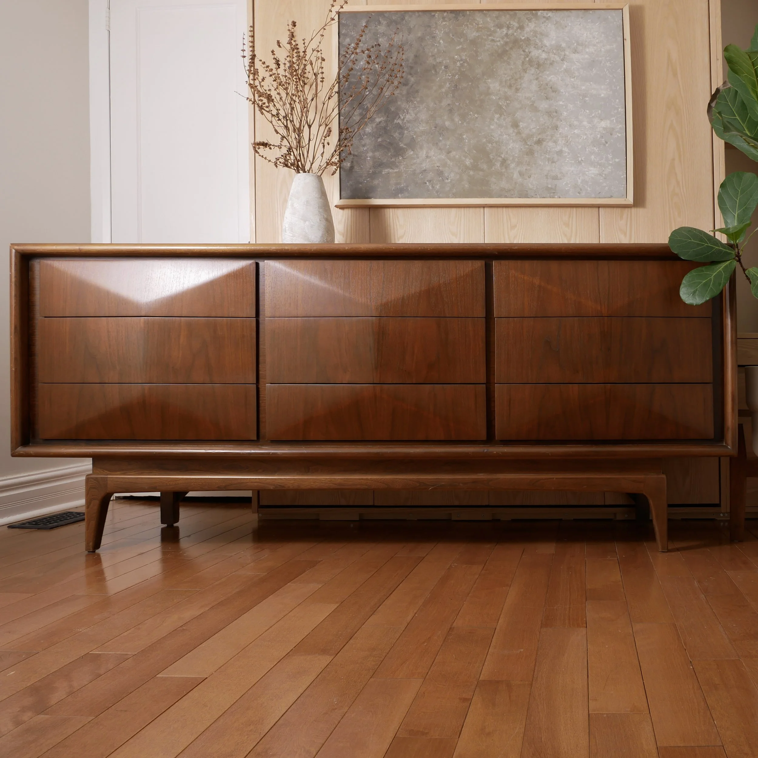 Mid century modern walnut 9 drawer dresser with sculptural diamond front details