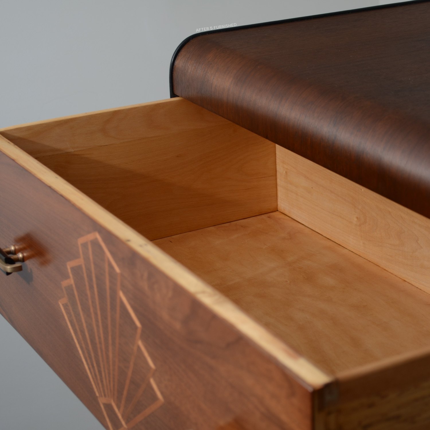 Inside view of solid maple drawer box with birch plywood drawer bottom.