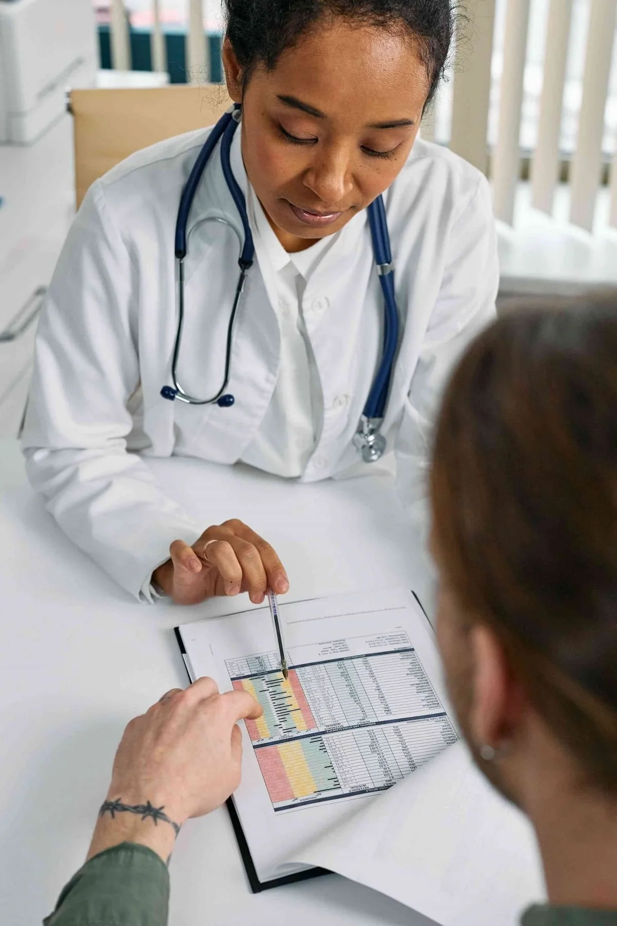 A doctor reviewing paperwork with a client.