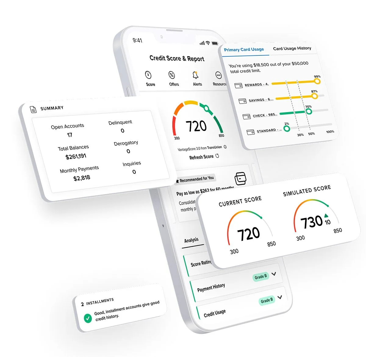 Images on a phone mockup from app of credit score and report
