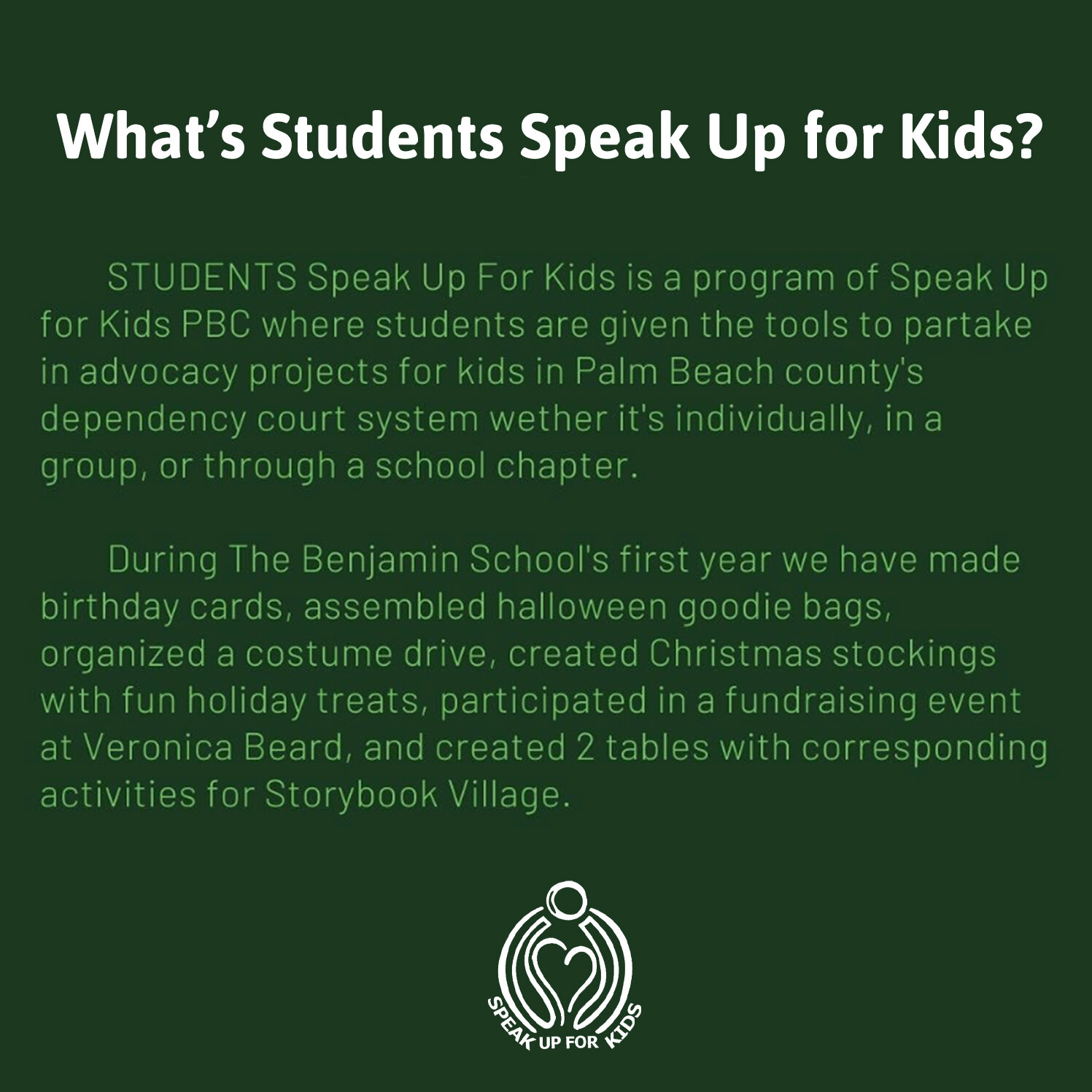 The The Benjamin School chapter of the Students Speak Up for Kids Program created multiple awareness post for a social media challenge that we will be highlighting over the next few weeks. 

These kids deserve a round of applause...
1. For looking fo