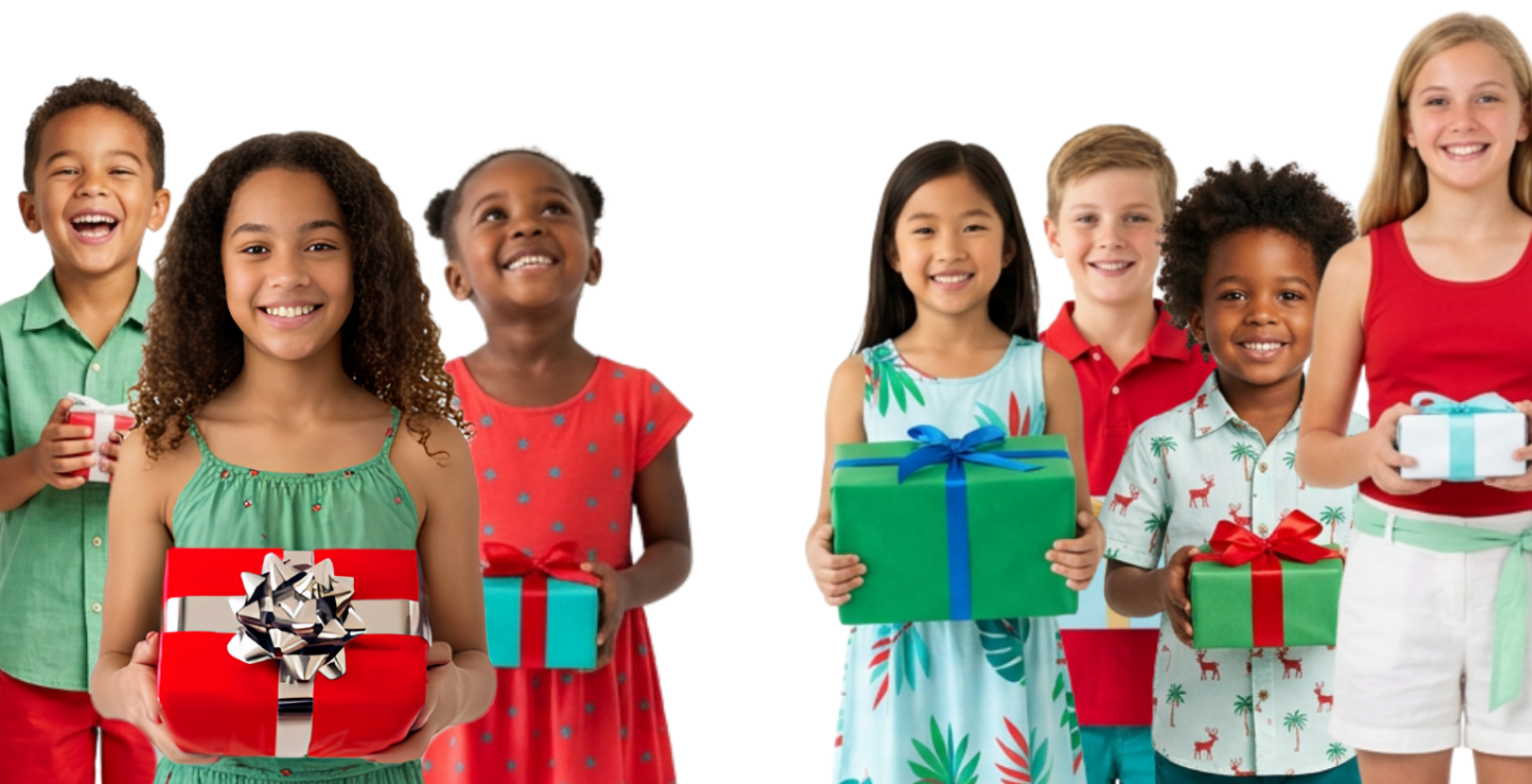 Group of seven children holding wrapped gifts, smiling, festive attire, celebrating