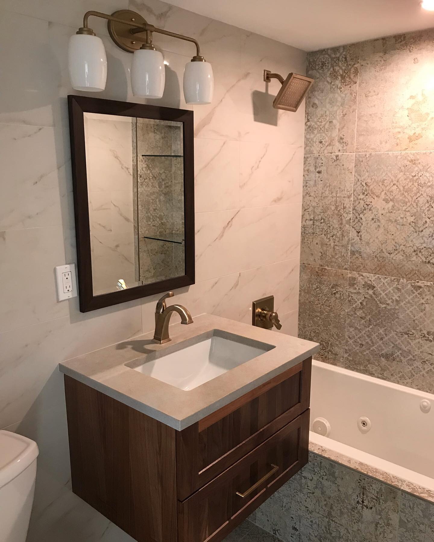 When re-designing this existing bath, it was all about making the space feel bigger. Here are some design tricks we used. No matter the size of your bathroom, wall-hung units are the best for visually making it appear you have more square footage by 