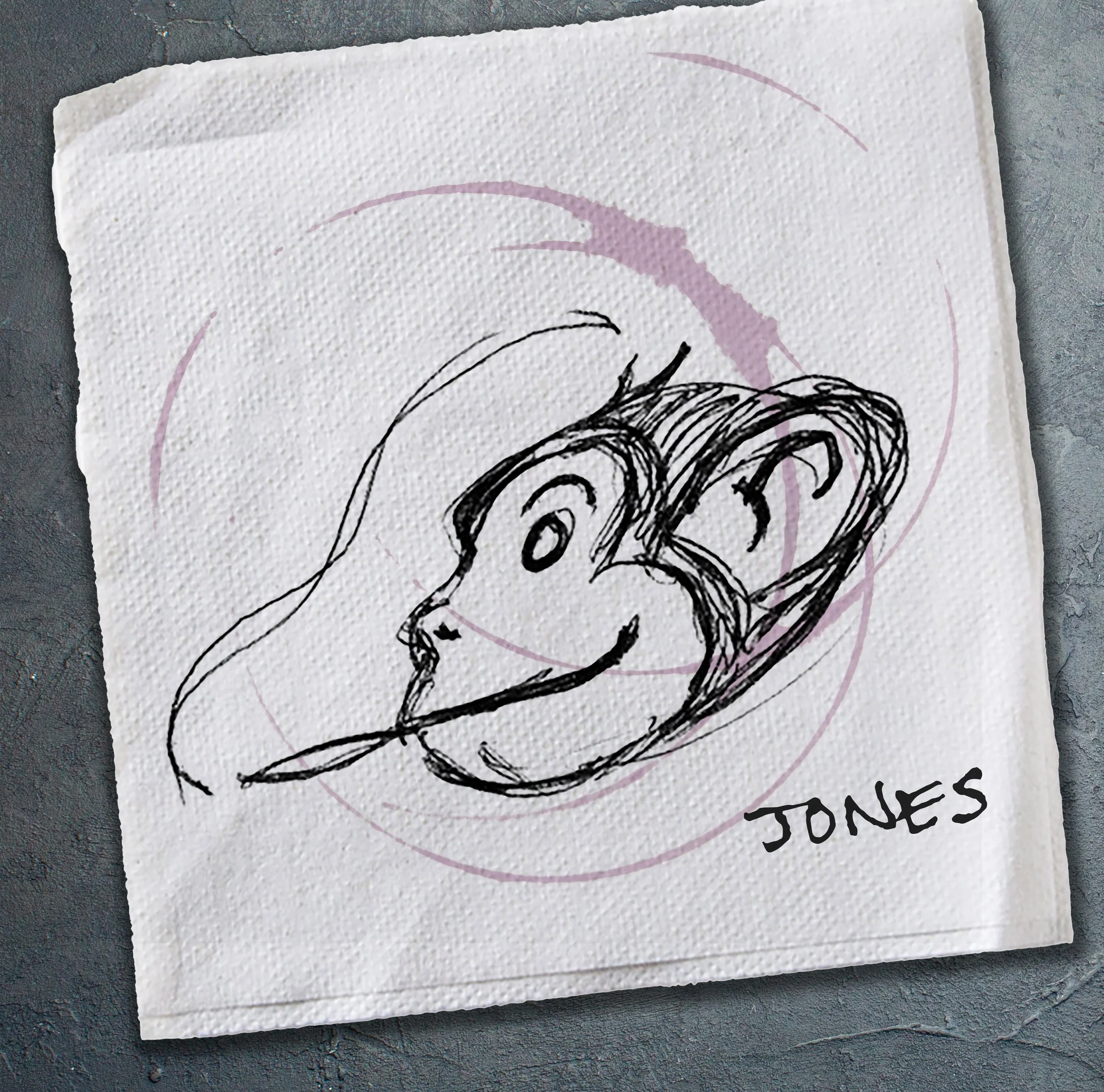    An undated self-portrait by Jones. Most likely scribbled on a cocktail napkin at the Banana Bar.   