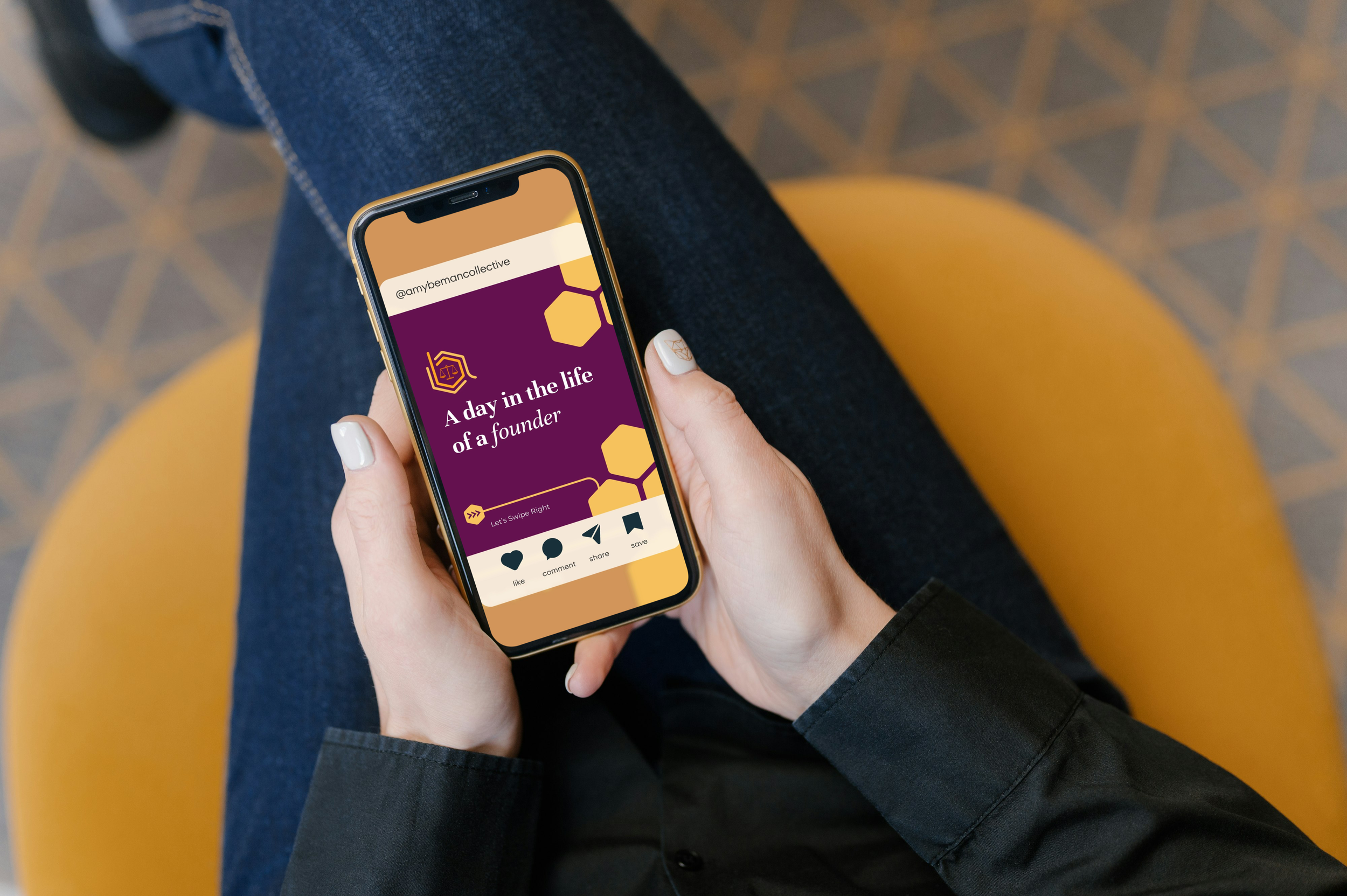 A person holding a smartphone displaying a social media post titled 'A day in the life of a founder'. The person's nails are painted white, and they are wearing a black shirt. The person is sitting on a yellow chair with a patterned grey and yellow floor visible in the background.