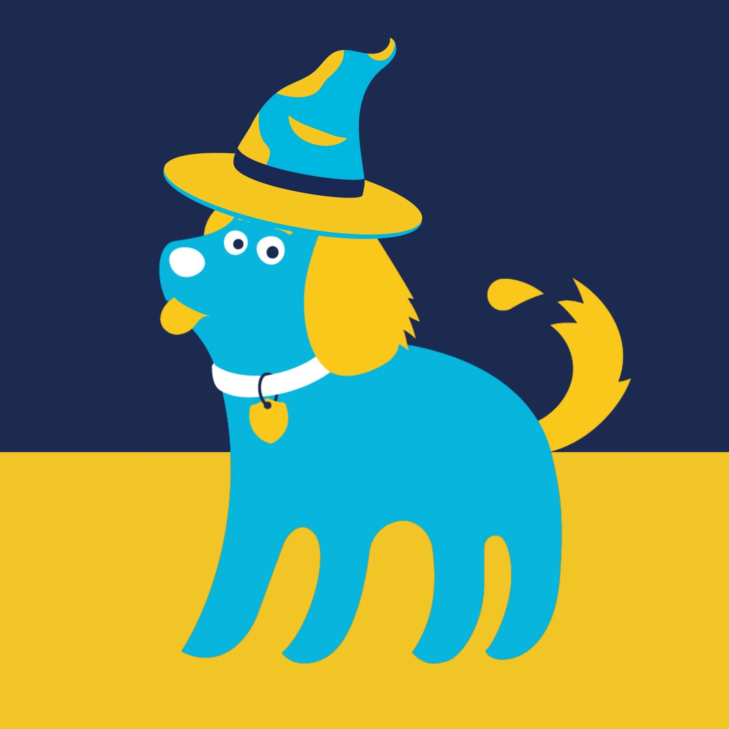 A cartoon dog dressed as a wizard, with a blue body, yellow hair, and wearing a blue wizard hat with yellow accents. The dog has a white collar, a yellow tag, and stands on a yellow ground with a dark blue background.