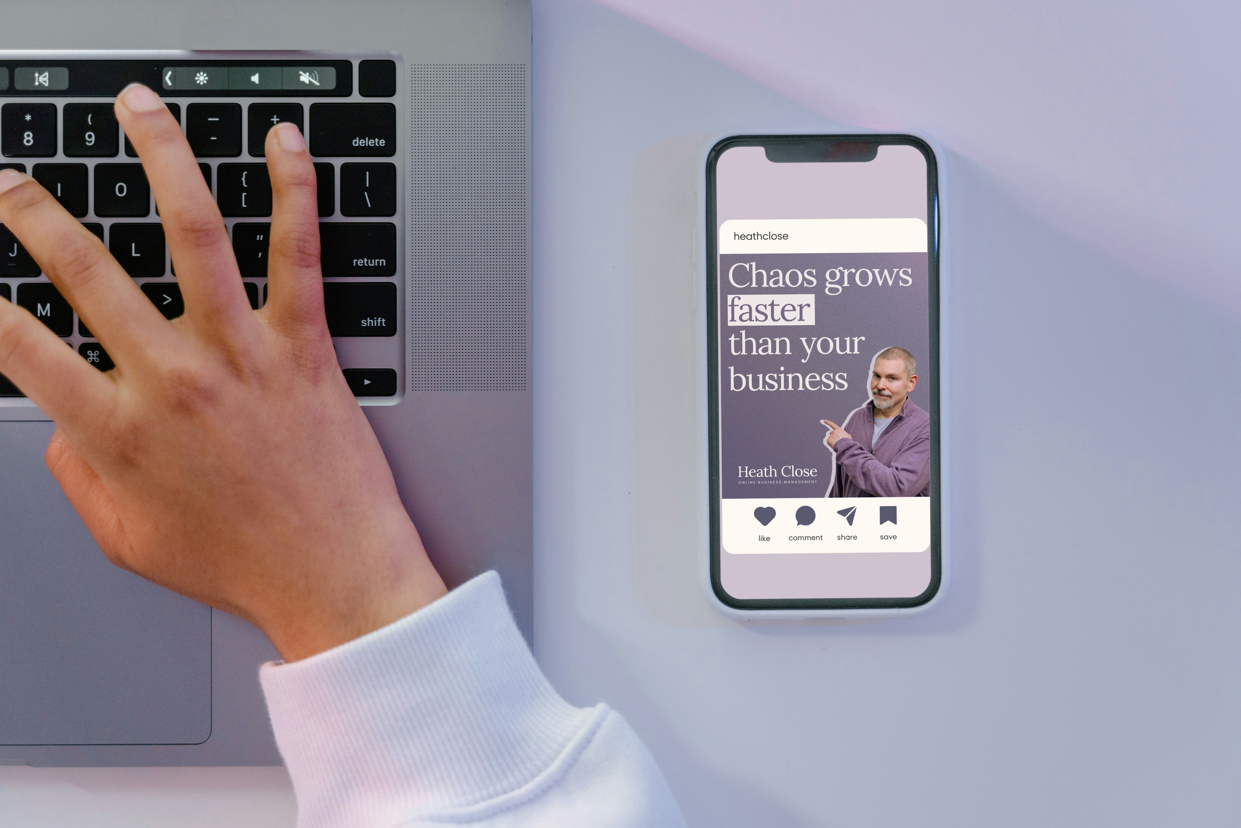 A person's hand is resting on a laptop keyboard next to a smartphone displaying a social media post with the text 'Chaos grows faster than your business' and a photo of a man pointing at the text.