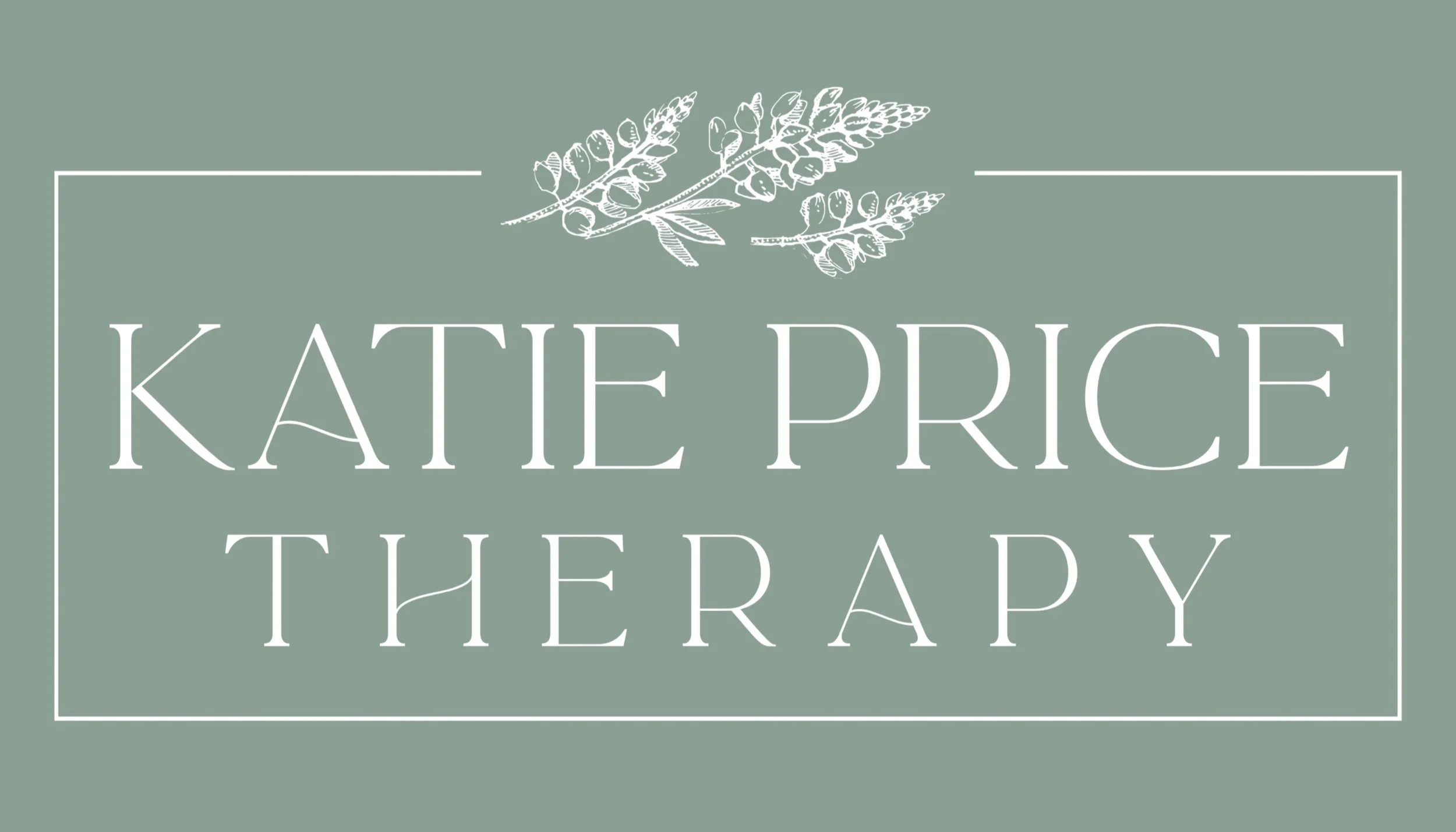 Logo for Kate Price Therapy featuring a sage green background, white text with the name, and an illustration of lavender sprigs at the top.