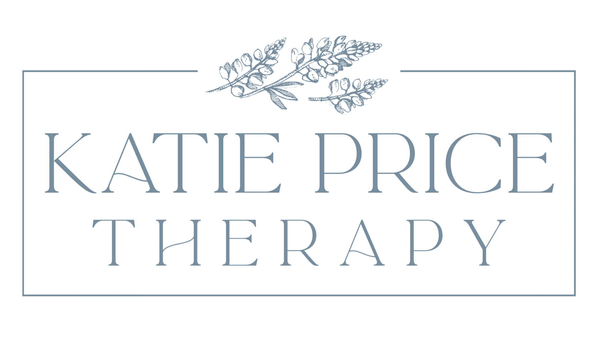 Logo for Kate Price Therapy featuring the name in blue-gray lettering with a branch of leaves above it, set on a black background.