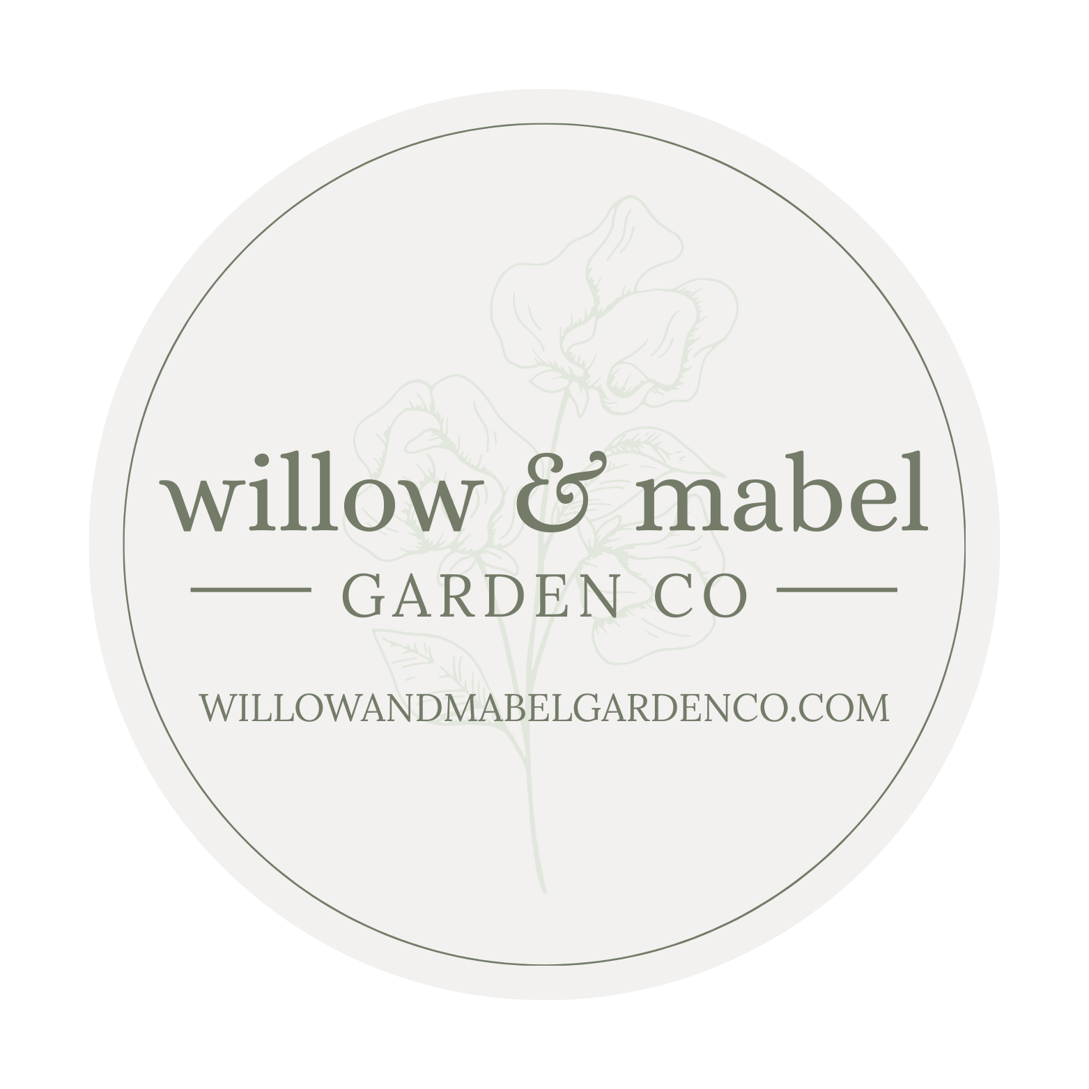 A circular logo with a light background and a faint floral illustration. Text reads "willow & mabel GARDEN CO" and the website "WILLOWANDMABELGARDENCO.COM".