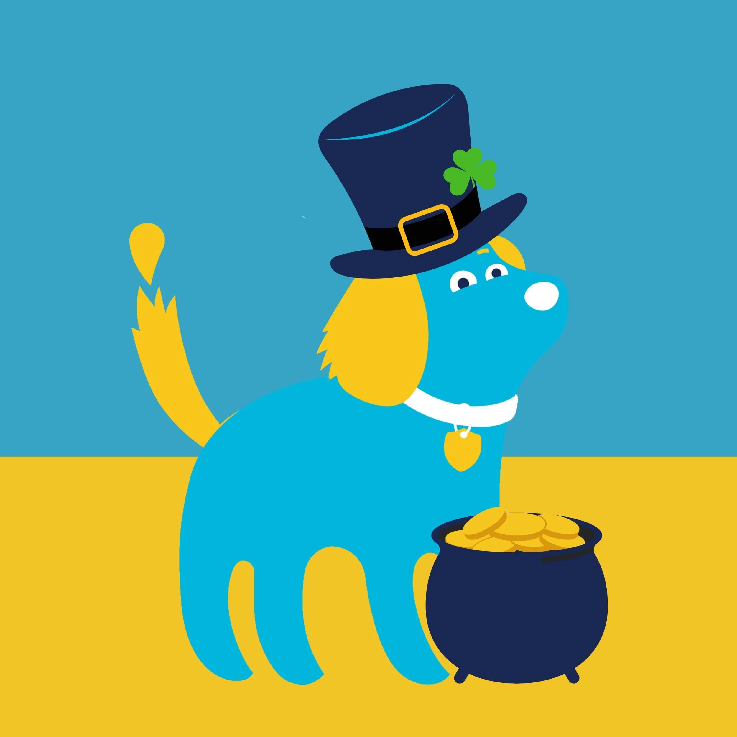 Cartoon blue dog wearing a black leprechaun hat with a green shamrock, standing next to a pot of gold coins, against a yellow and blue background.