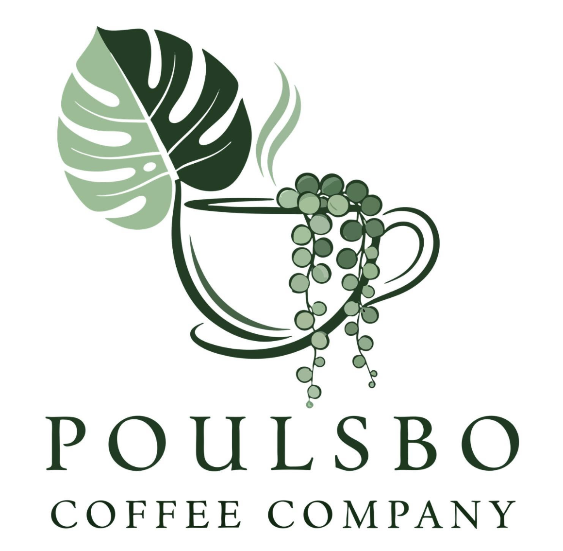 Logo of Poulsbo Coffee Company featuring a steaming coffee cup, a large Monstera leaf, and cascading coffee berries with the company name underneath.