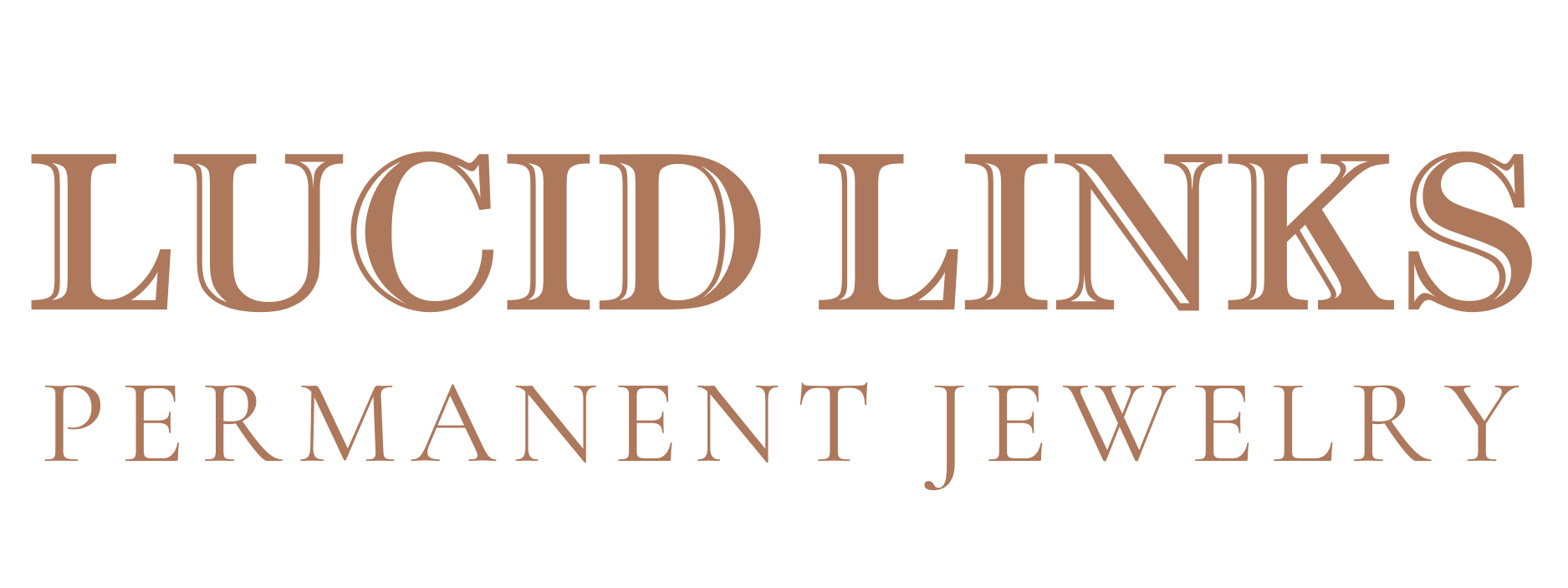 LUCID LINKS PERMANENT JEWELRY logo with brown text on a black background.