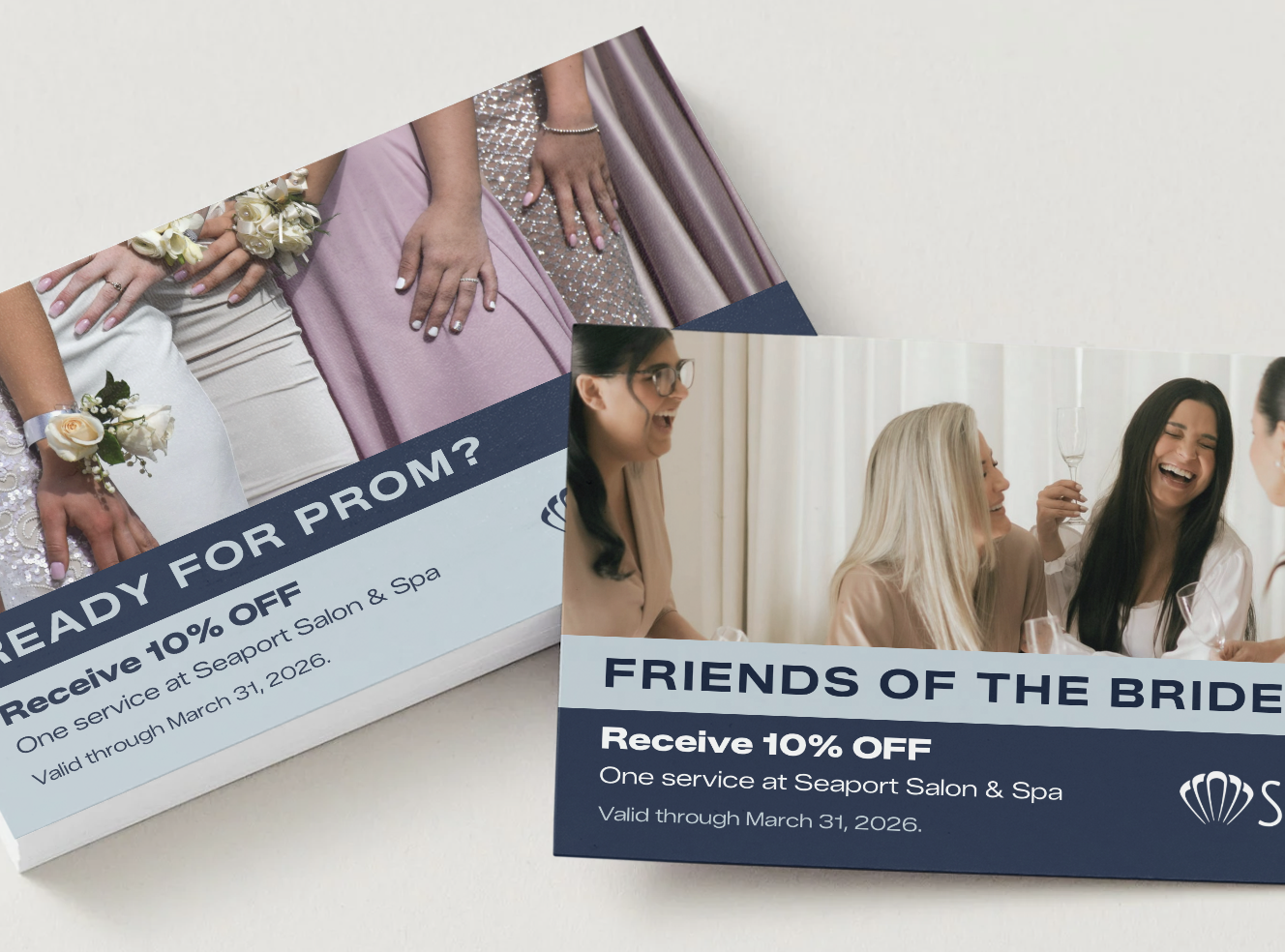 Promotional flyers for a spa and salon, featuring images of a wedding and friends celebrating, with details about discounts and service validity through March 31, 2026.