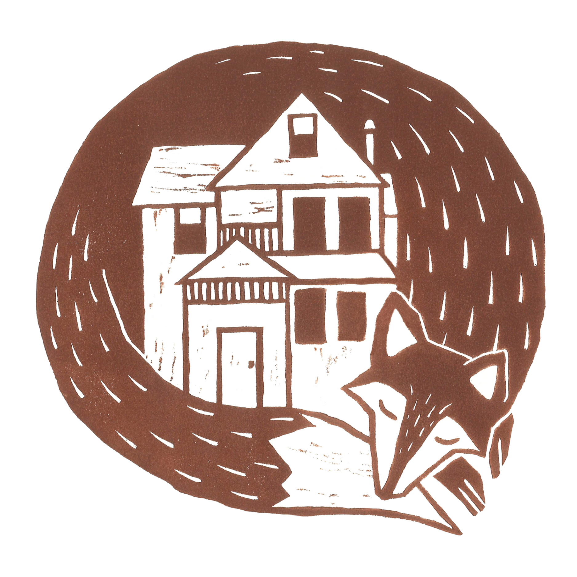 A circular illustration of a house with multiple levels and a porch, surrounded by a stylized fox's face at the bottom right.