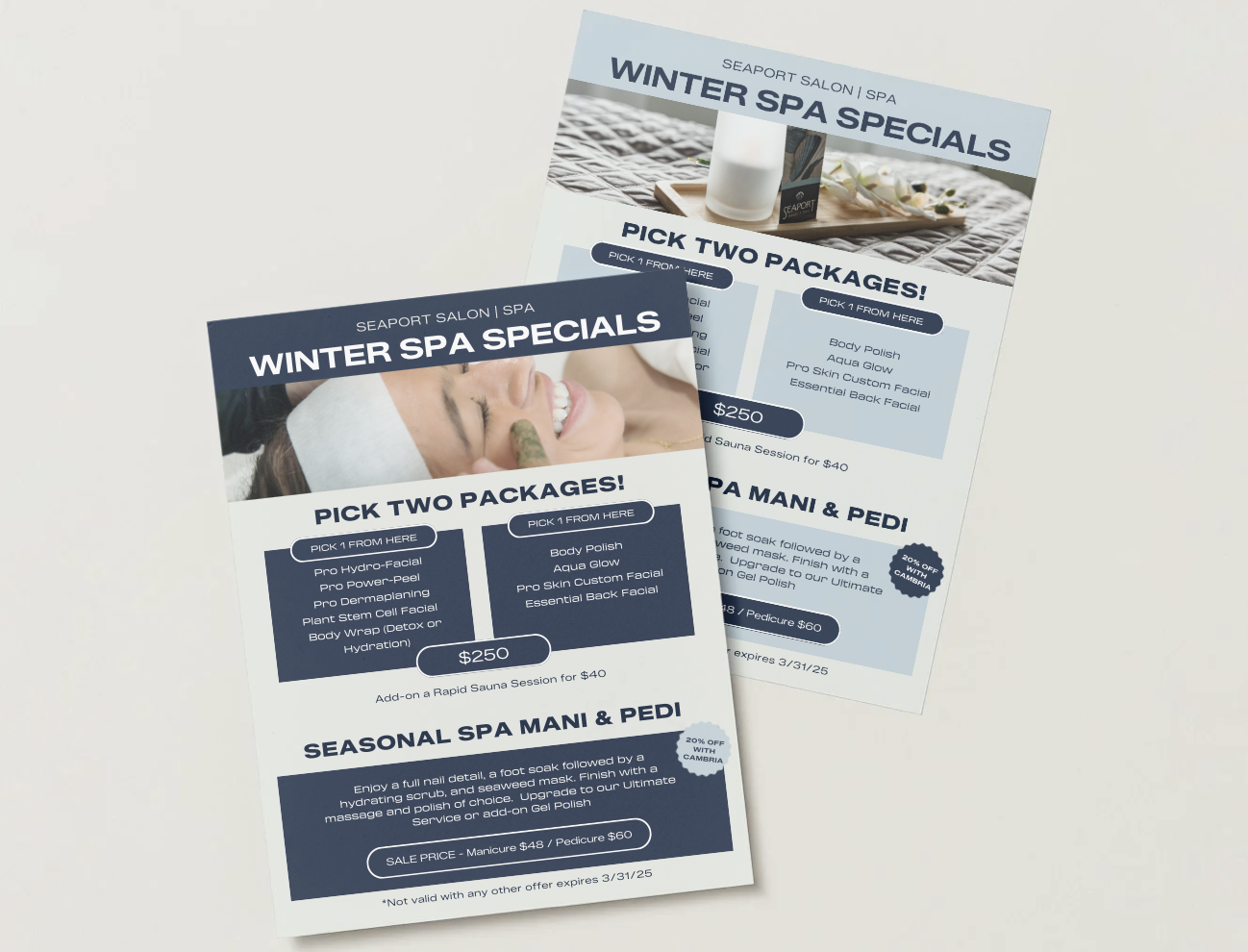 Flyers advertising winter spa specials for a salon and spa, offering packages such as manicures, pedicures, facials, and body treatments with prices and discounts.